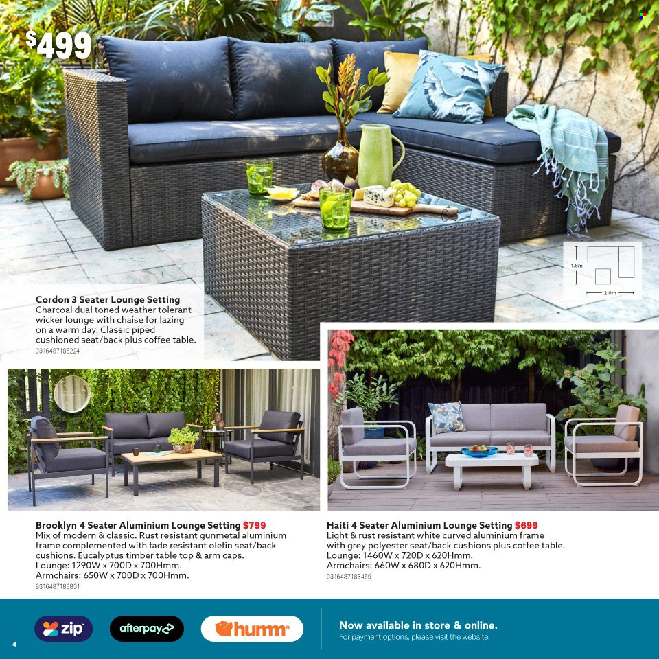 thumbnail - Mitre 10 Catalogue - 15 Sep 2021 - 31 Dec 2021 - Sales products - cushion, table, arm chair, coffee table, charcoal, aluminium frame. Page 4.