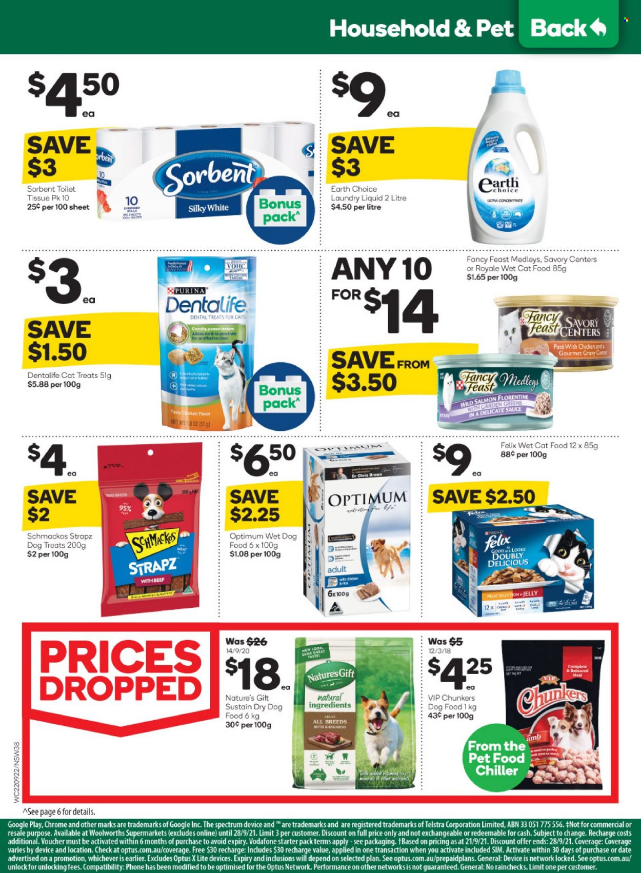 thumbnail - Woolworths Catalogue - 22 Sep 2021 - 28 Sep 2021 - Sales products - jelly, rice, tissues, laundry detergent, animal food, animal treats, cat food, dental treats, dog food, wet dog food, Purina, Optimum, Felix, Strapz, Schmackos, Dentalife, dry dog food, Fancy Feast, wet cat food, Spectrum. Page 38.