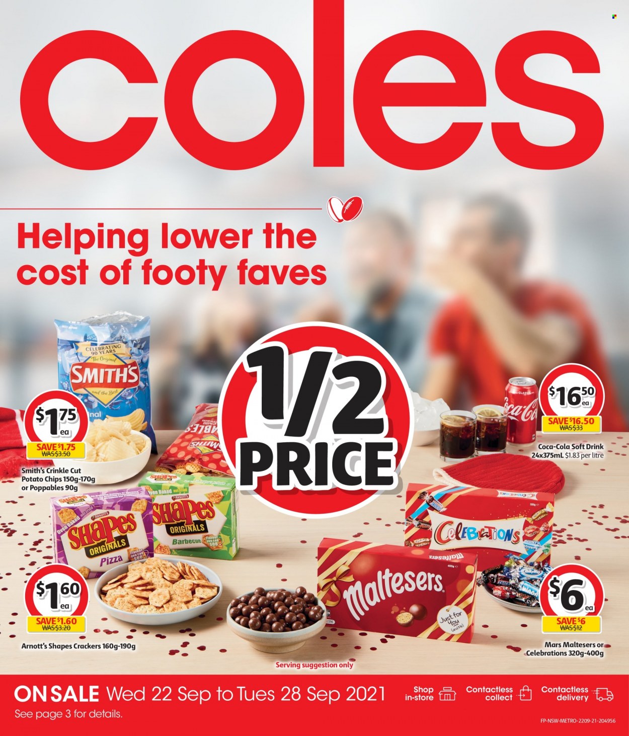 thumbnail - Coles Catalogue - 22 Sep 2021 - 28 Sep 2021 - Sales products - Mars, Celebration, crackers, Maltesers, potato chips, chips, Smith's, Coca-Cola, soft drink. Page 1.