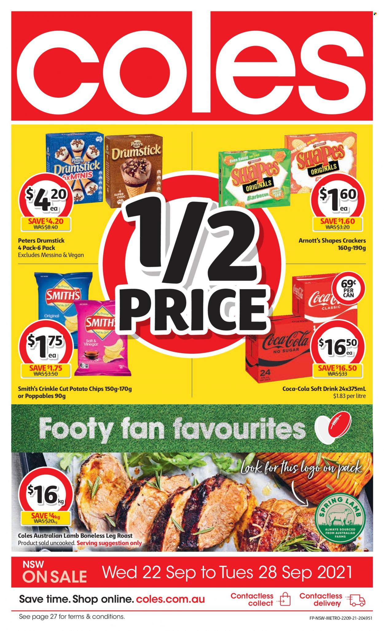 thumbnail - Coles Catalogue - 22 Sep 2021 - 28 Sep 2021 - Sales products - crackers, potato chips, chips, Smith's, Coca-Cola, soft drink. Page 1.