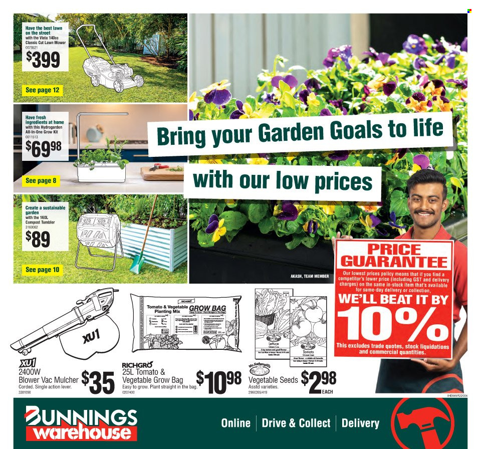thumbnail - Bunnings Warehouse Catalogue - 15 Sep 2021 - 29 Sep 2021 - Sales products - tumbler, mulcher, lawn mower, blower, compost. Page 1.