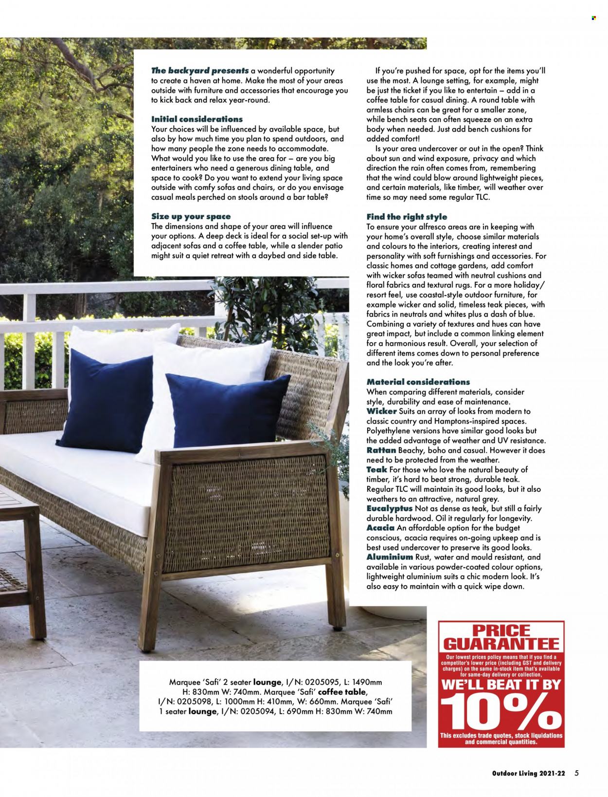 thumbnail - Bunnings Warehouse Catalogue - Sales products - dining table, table, chair, bench, sofa, coctail table, coffee table, sidetable, daybed, outdoor furniture, cushion, bench cushion, rug. Page 5.