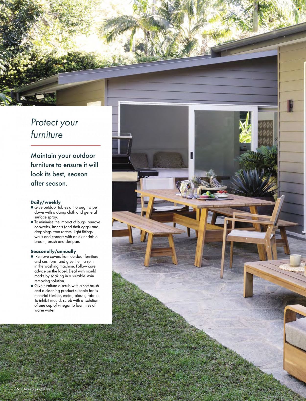 thumbnail - Bunnings Warehouse Catalogue - Sales products - table, outdoor furniture, cushion, cup, washing machine, brush. Page 36.