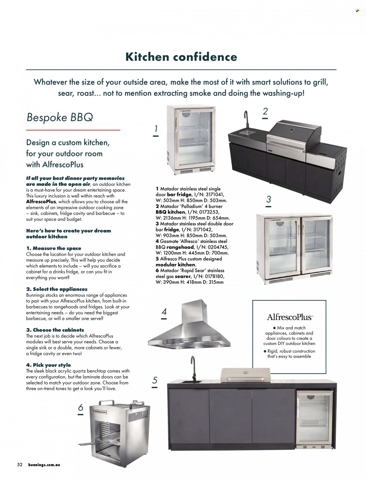 thumbnail - Bunnings Warehouse Catalogue - Sales products - cabinet, refrigerator, bar fridge, fridge, grill. Page 52.