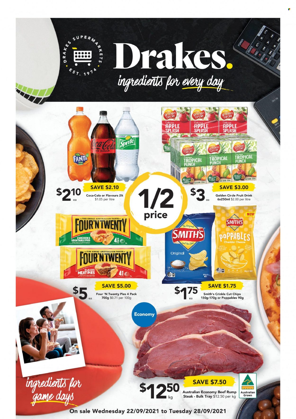 thumbnail - Drakes Catalogue - 22 Sep 2021 - 28 Sep 2021 - Sales products - cheese, Smith's, Coca-Cola, Sprite, Fanta, fruit drink, fruit punch, steak, tray. Page 1.