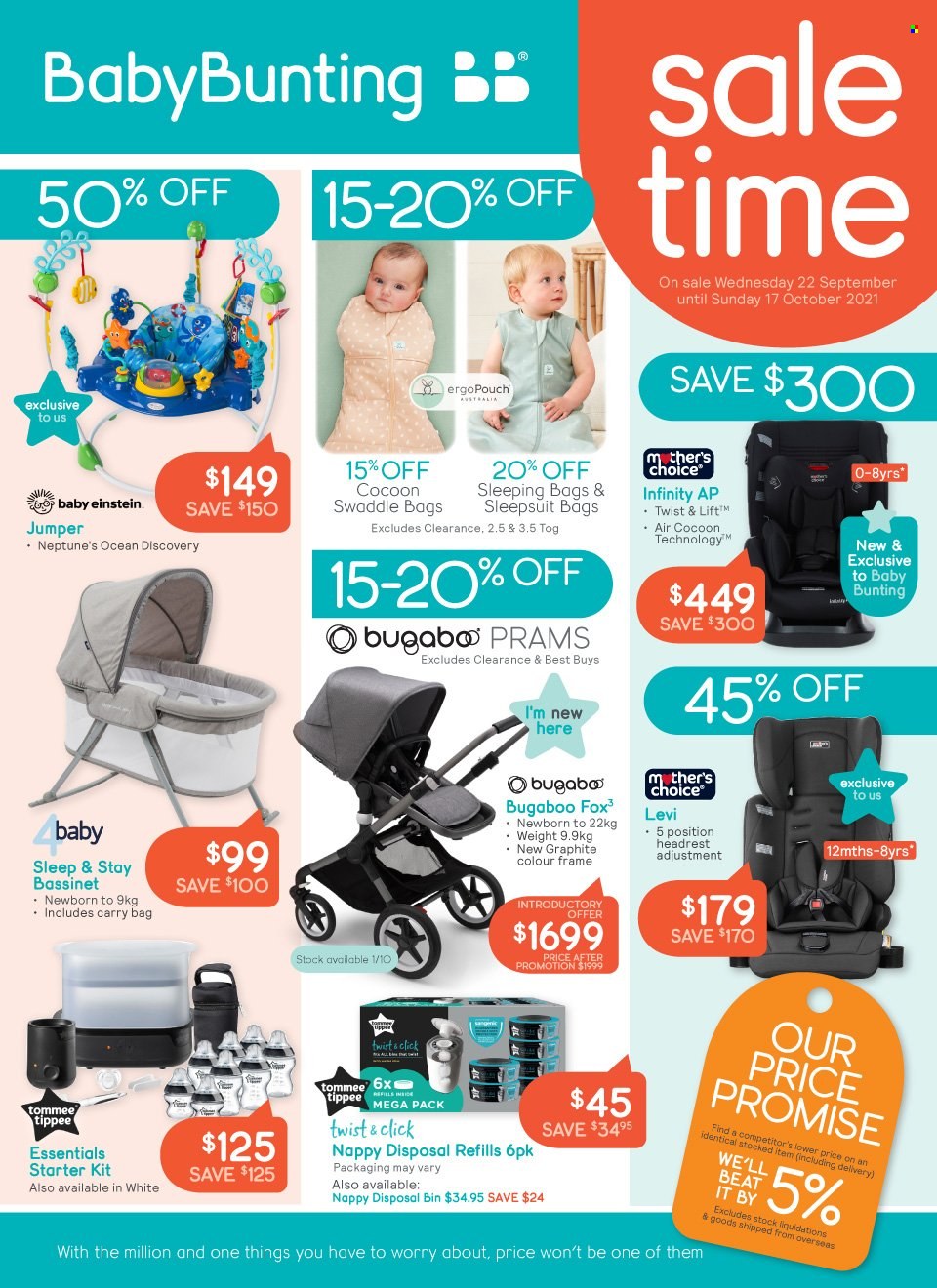 thumbnail - Baby Bunting Catalogue - 22 Sep 2021 - 17 Oct 2021 - Sales products - nappies, sleepsuit, Bugaboo, Baby Einstein, nappy disposal bin. Page 1.