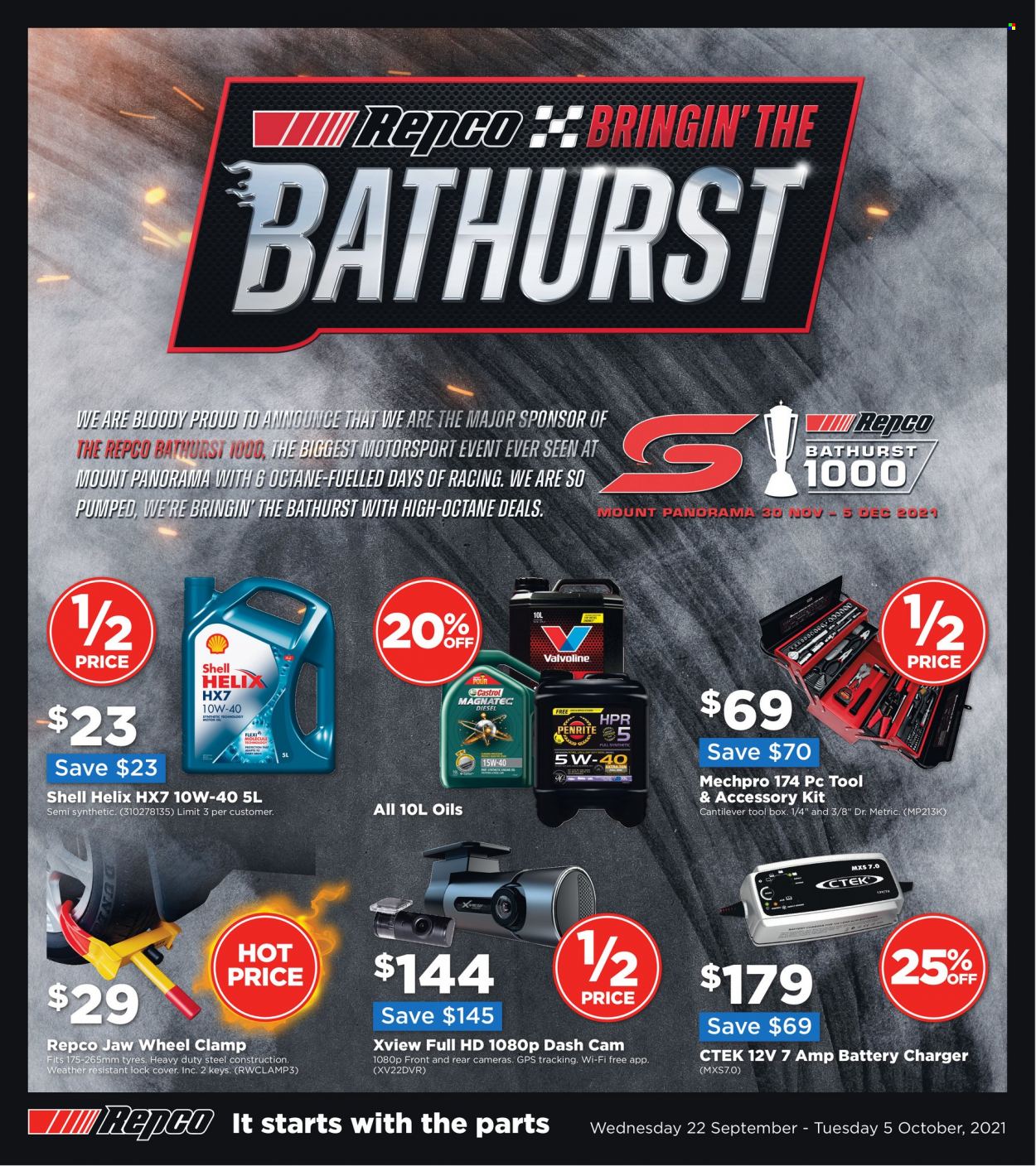thumbnail - Repco Catalogue - 22 Sep 2021 - 5 Oct 2021 - Sales products - dashboard camera, tool box, battery charger, Penrite, Shell, Valvoline, Castrol, tires. Page 1.