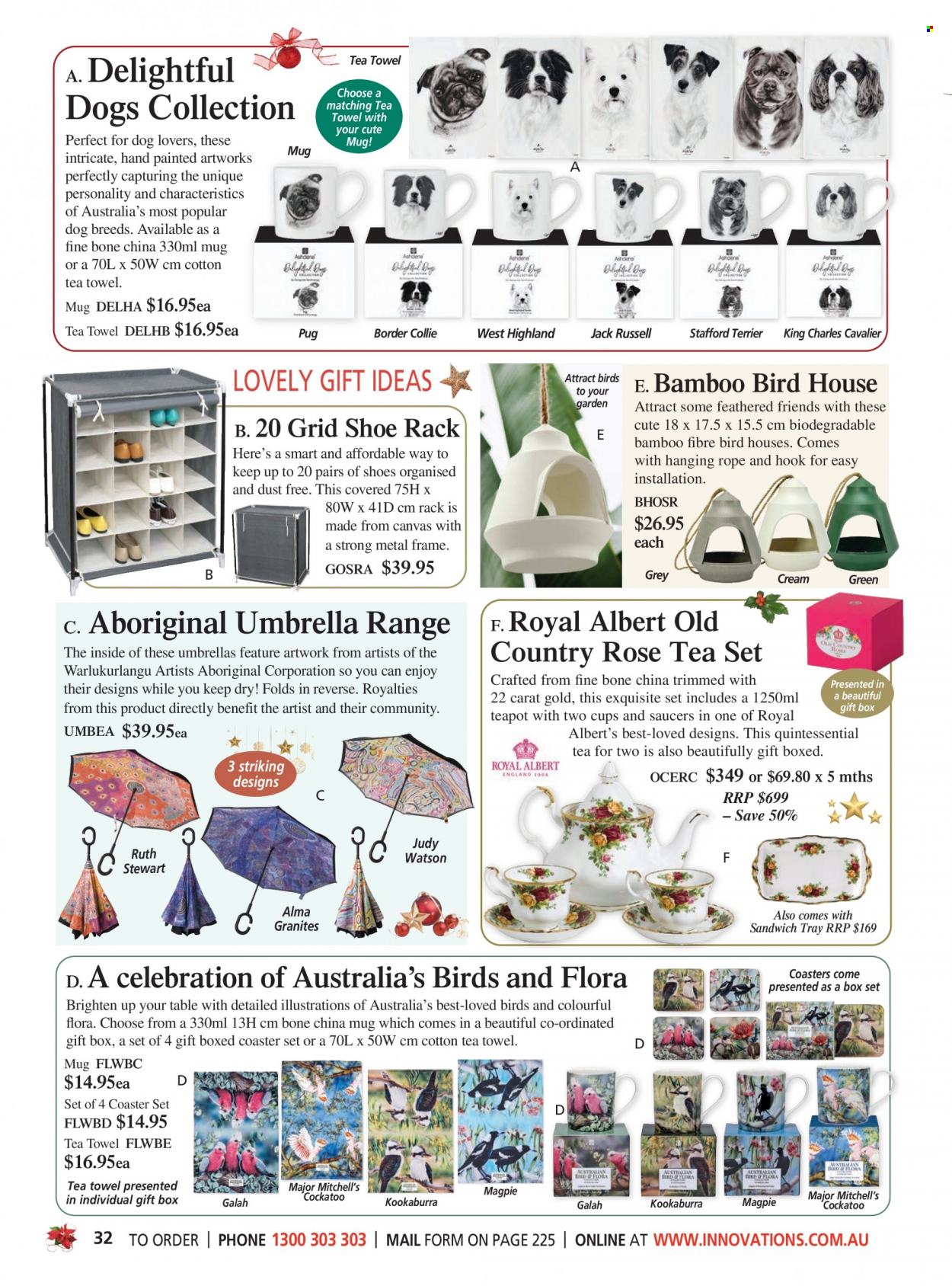 thumbnail - Innovations Catalogue - Sales products - mug, teapot, cup, gift box, canvas, tea towels, birdhouse, umbrella. Page 32.
