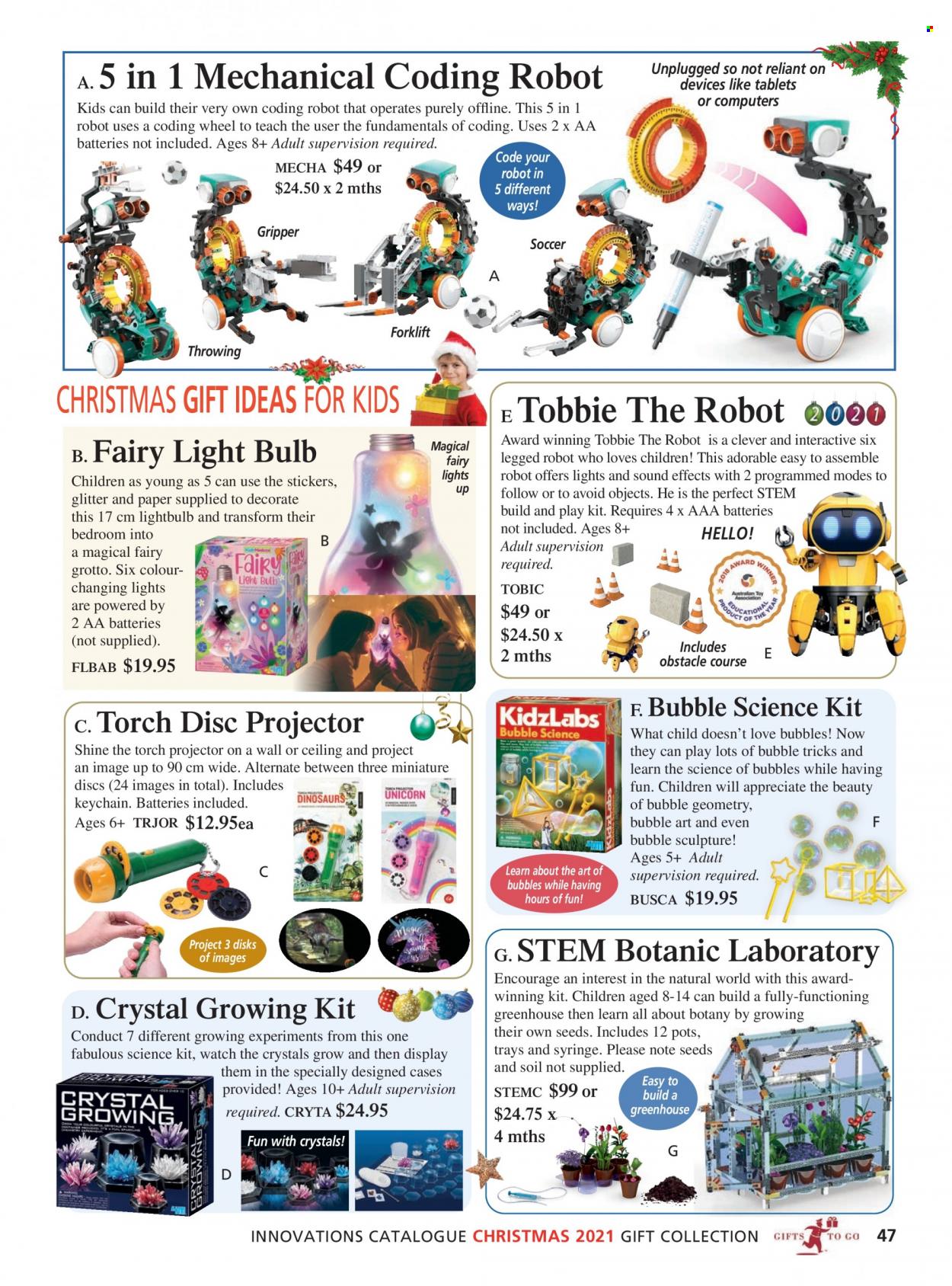 thumbnail - Innovations Catalogue - Sales products - pot, glitter, sticker, paper, bulb, light bulb, AAA batteries, projector. Page 47.