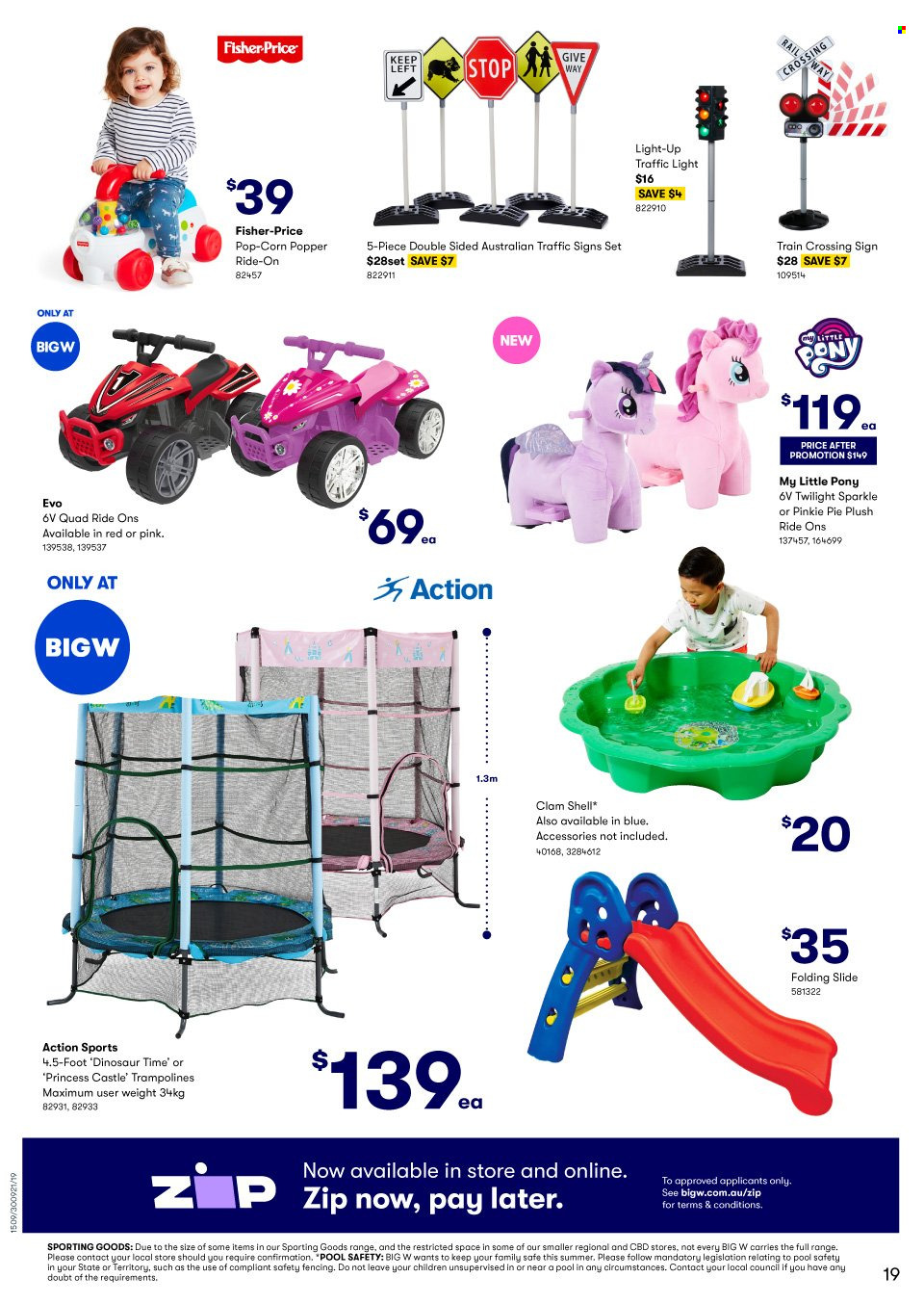 thumbnail - BIG W Catalogue - Sales products - trampoline, My Little Pony, train, dinosaur, Fisher-Price, princess. Page 19.