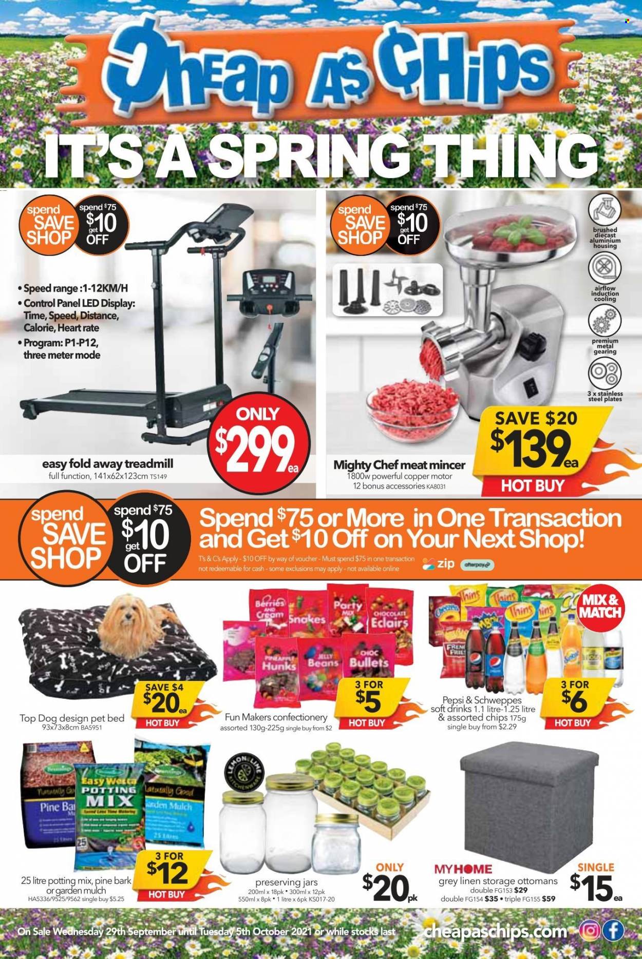 thumbnail - Cheap as Chips Catalogue - 29 Sep 2021 - 5 Oct 2021 - Sales products - Thins, Schweppes, Pepsi, soft drink, plate, preserving jars, jar, linens, pet bed, potting mix, garden mulch. Page 1.