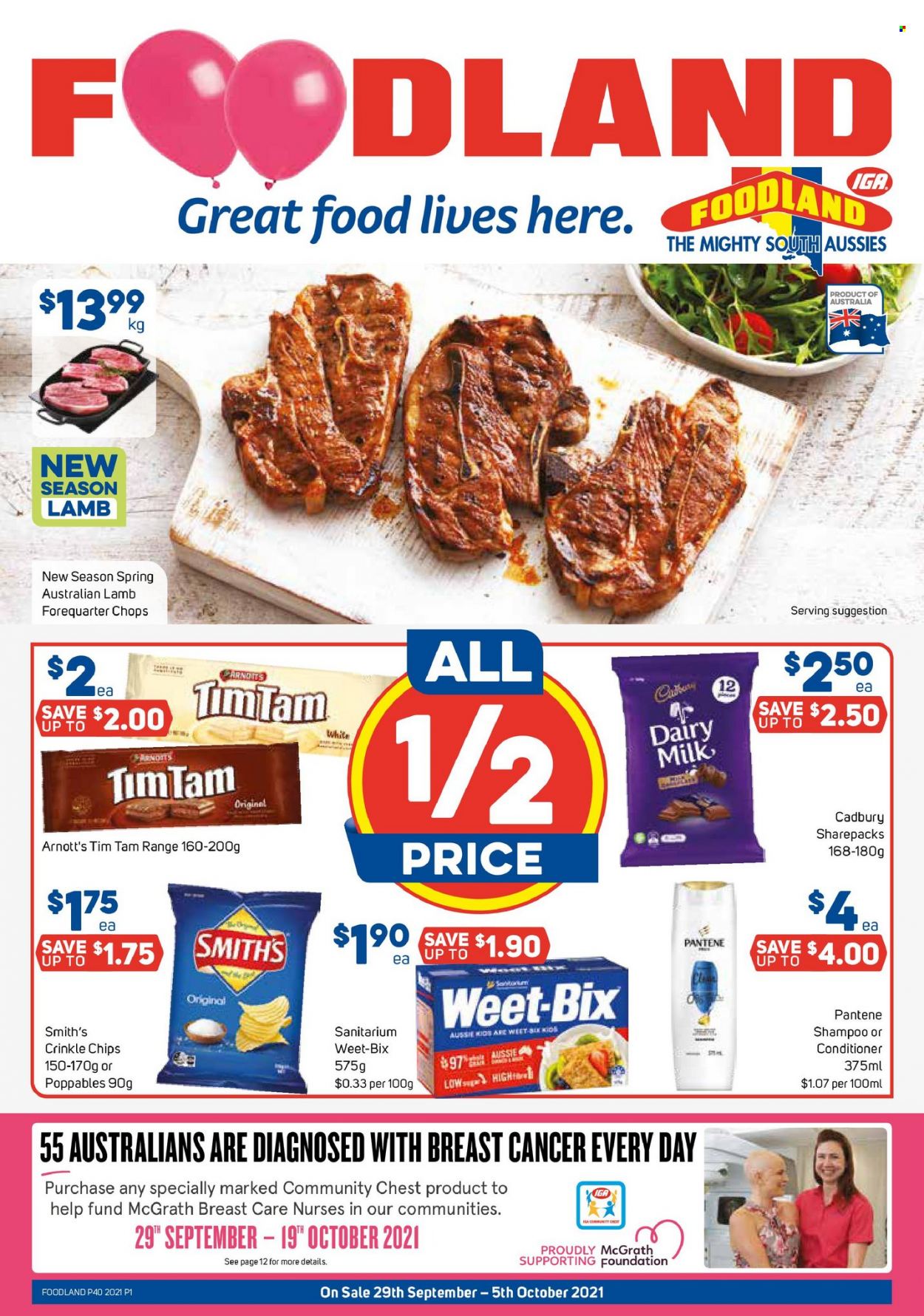 thumbnail - Foodland Catalogue - 29 Sep 2021 - 5 Oct 2021 - Sales products - crinkle fries, Tim Tam, Cadbury, Dairy Milk, chips, Smith's, Weet-Bix, shampoo, Aussie, conditioner, Pantene. Page 1.