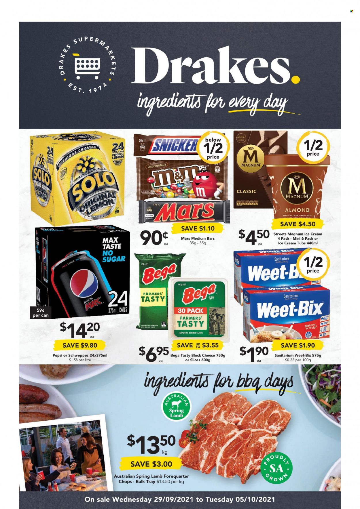 thumbnail - Drakes Catalogue - 29 Sep 2021 - 5 Oct 2021 - Sales products - sliced cheese, cheese, Magnum, milk chocolate, Mars, Weet-Bix, Schweppes, Pepsi. Page 1.