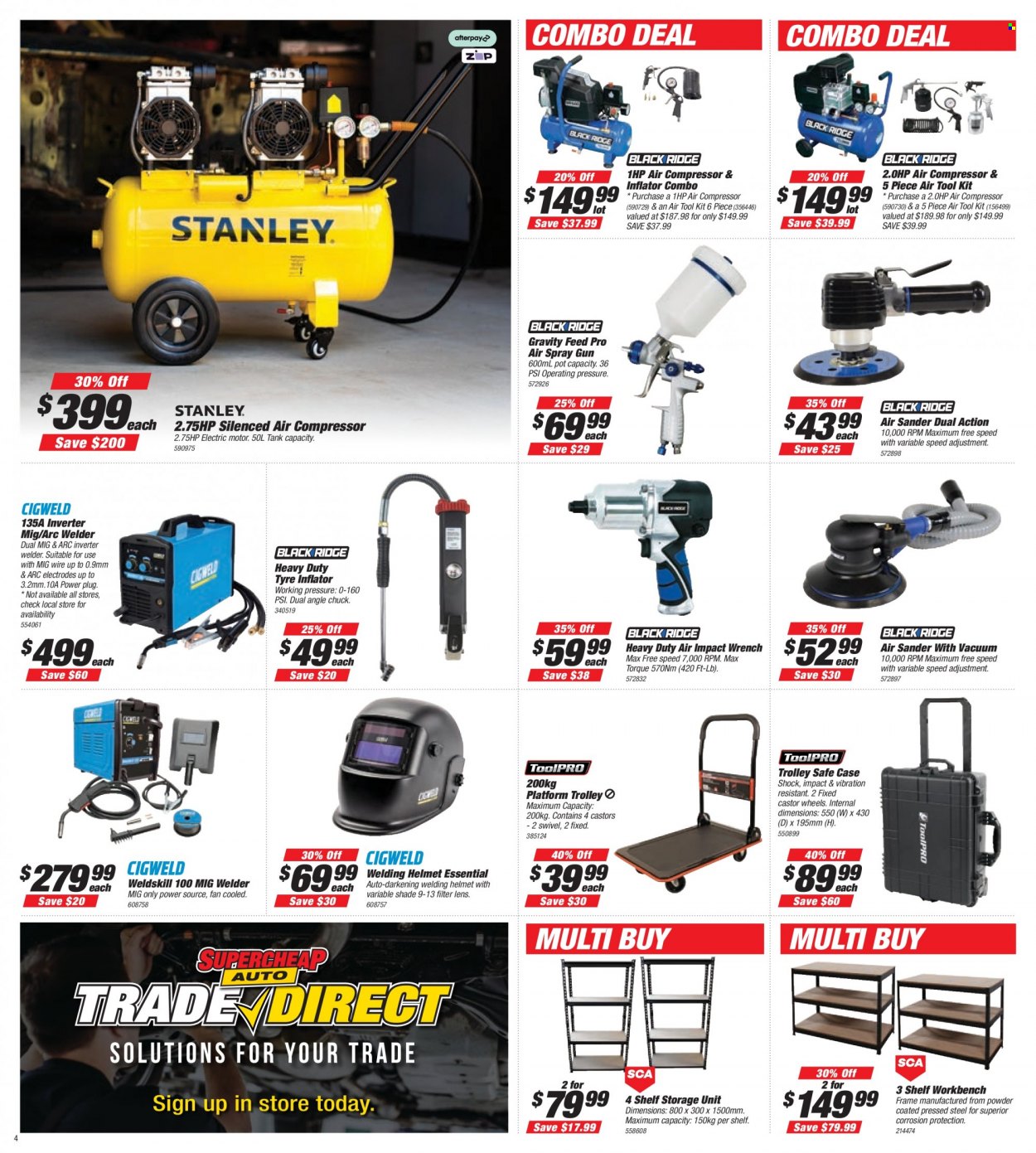 thumbnail - Supercheap Auto Catalogue - 30 Sep 2021 - 10 Oct 2021 - Sales products - trolley, wrench, tool set, air compressor, welding helmet, work bench, inverter welder, storage box, welder, spray gun, tire inflator. Page 4.