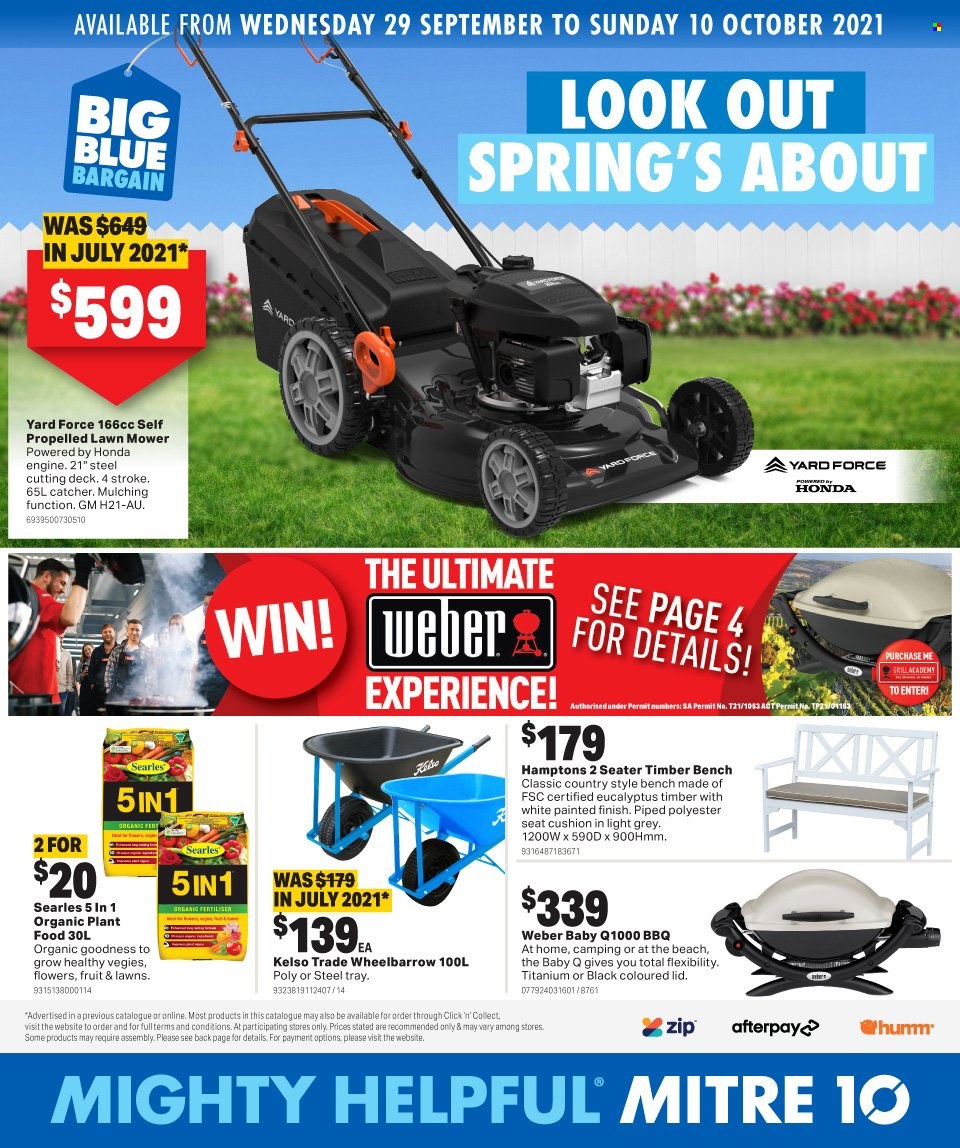 thumbnail - Mitre 10 Catalogue - 29 Sep 2021 - 10 Oct 2021 - Sales products - lid, cushion, bench, lawn mower, wheelbarrow, Weber. Page 1.