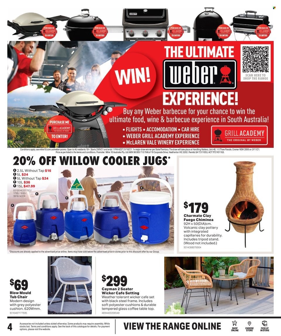 thumbnail - Mitre 10 Catalogue - 29 Sep 2021 - 10 Oct 2021 - Sales products - cushion, table, chair, coffee table, tripod, grill, Weber. Page 4.
