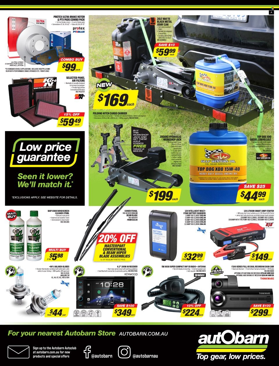 thumbnail - Autobarn Catalogue - 3 Oct 2021 - 24 Oct 2021 - Sales products - vehicle, air filter, dashboard camera, radio, wiper blades, brake rotors, battery, battery charger, starter, Kenwood, cleaner, Gulf Western Oil, motor oil. Page 16.