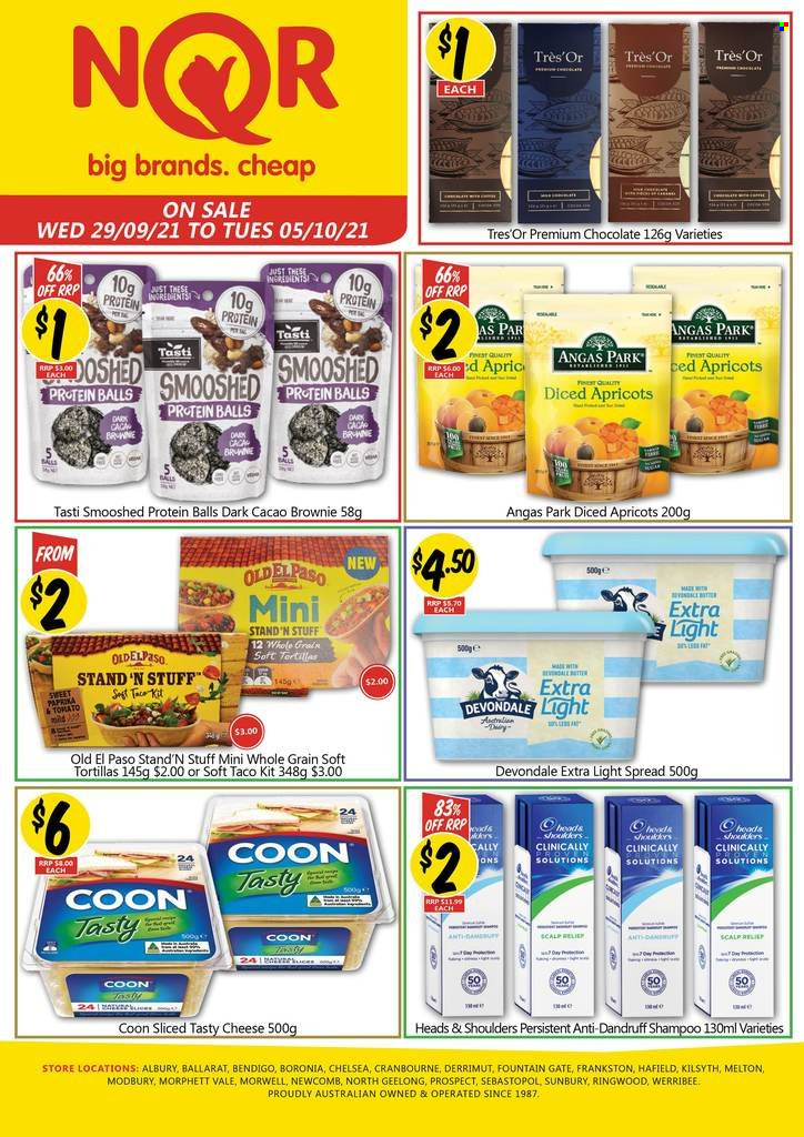 thumbnail - NQR Catalogue - 29 Sep 2021 - 5 Oct 2021 - Sales products - tortillas, Old El Paso, tacos, brownies, apricots, cheese, chocolate, shampoo, Head & Shoulders. Page 1.