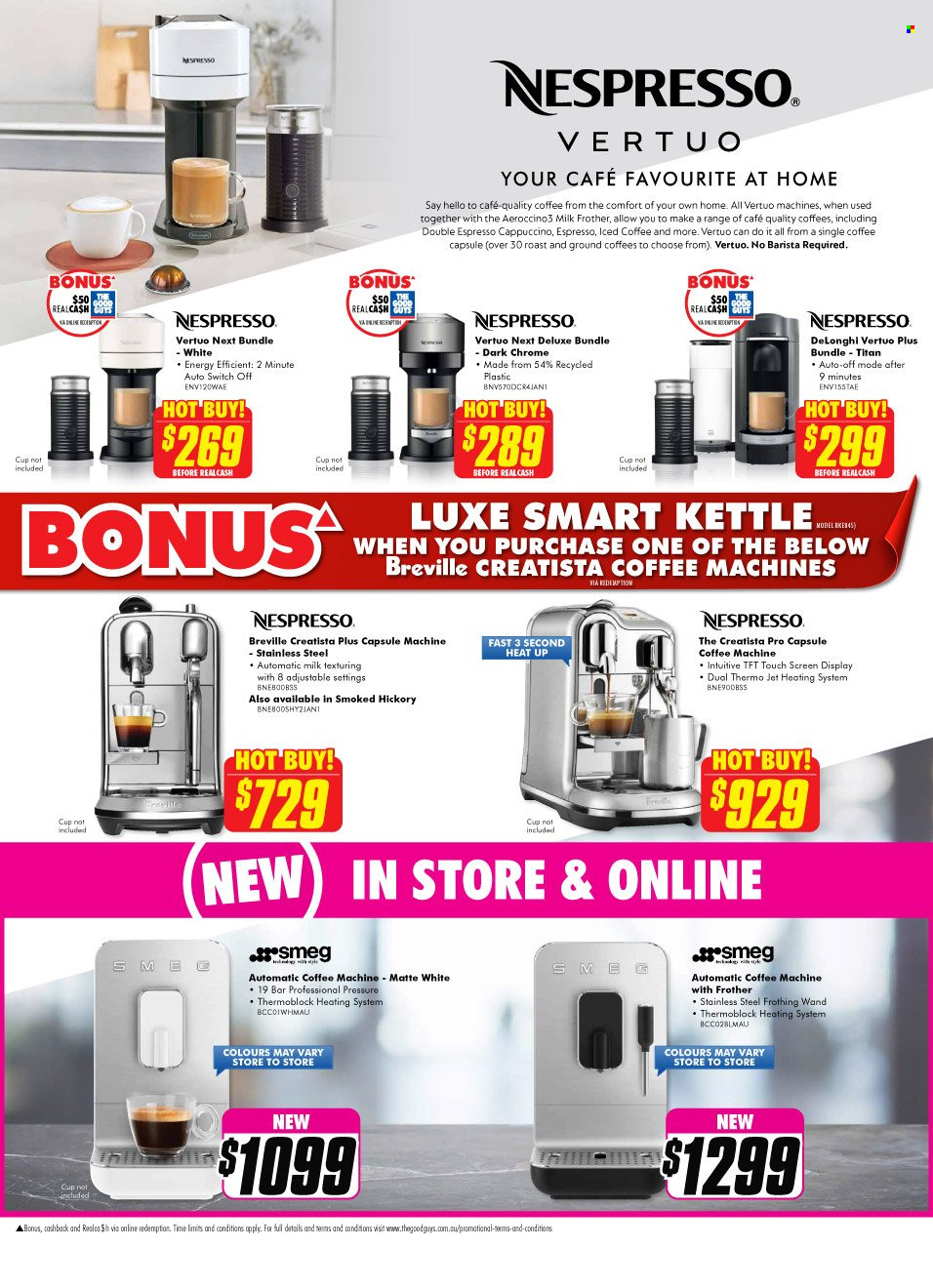 thumbnail - The Good Guys Catalogue - 5 Oct 2021 - 27 Oct 2021 - Sales products - Smeg, cup, coffee machine, Nespresso, capsule coffee machine, De'Longhi, kettle, milk frother. Page 23.