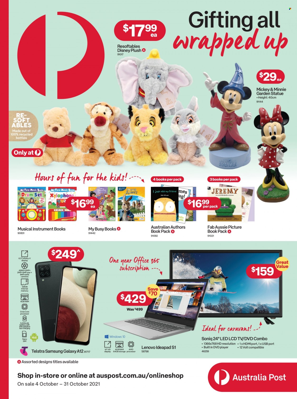 thumbnail - Australia Post Catalogue - 4 Oct 2021 - 31 Oct 2021 - Sales products - Lenovo, Samsung Galaxy, Mickey Mouse, Aussie, Disney, Minnie Mouse, book, children's book, xylophone, Samsung, Samsung Galaxy A, Samsung Galaxy A12, camera, TV, dvd player, princess. Page 1.