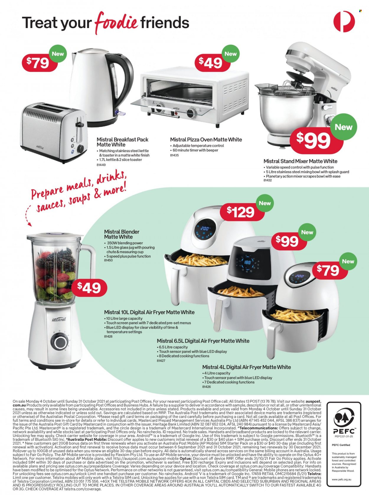 thumbnail - Australia Post Catalogue - 4 Oct 2021 - 31 Oct 2021 - Sales products - mixing bowl, breakfast pack, bowl, measuring cup, Optus, pizza oven, oven, blender, mixer, stand mixer, air fryer, toaster, kettle. Page 7.