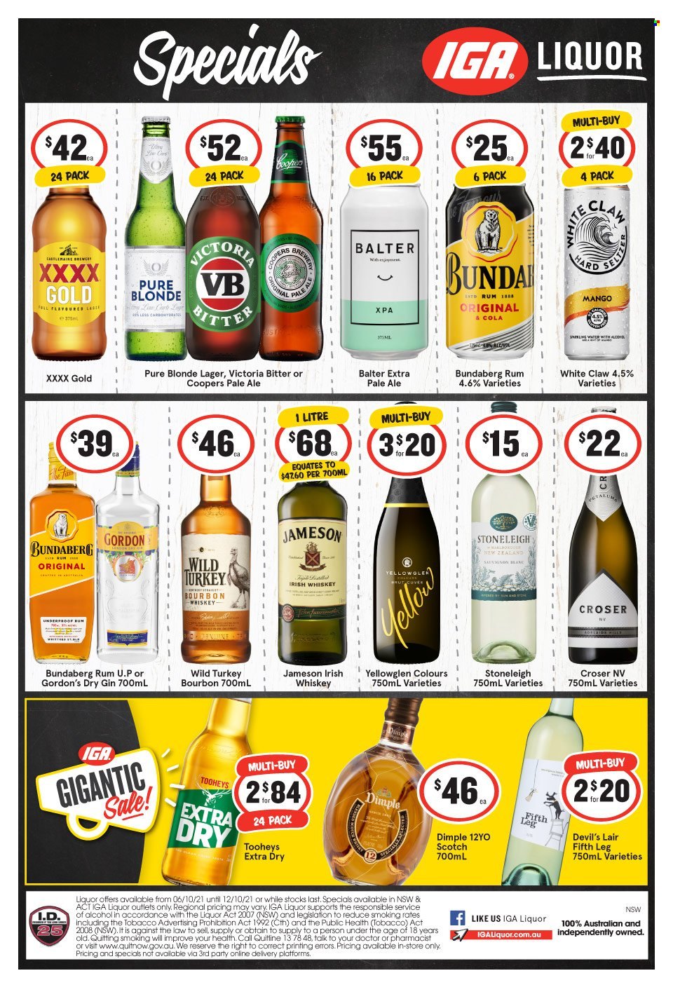 thumbnail - IGA LIQUOR Catalogue - 6 Oct 2021 - 12 Oct 2021 - Sales products - bourbon, gin, rum, whiskey, irish whiskey, Jameson, liquor, Gordon's, Bundaberg, White Claw, bourbon whiskey, whisky, beer, brewer, Lager. Page 1.
