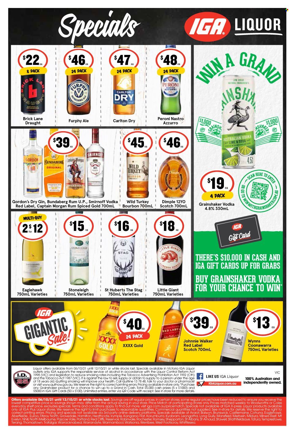 thumbnail - IGA LIQUOR Catalogue - 6 Oct 2021 - 12 Oct 2021 - Sales products - bourbon, Captain Morgan, gin, rum, Smirnoff, vodka, Johnnie Walker, Gordon's, Bundaberg, Peroni. Page 1.