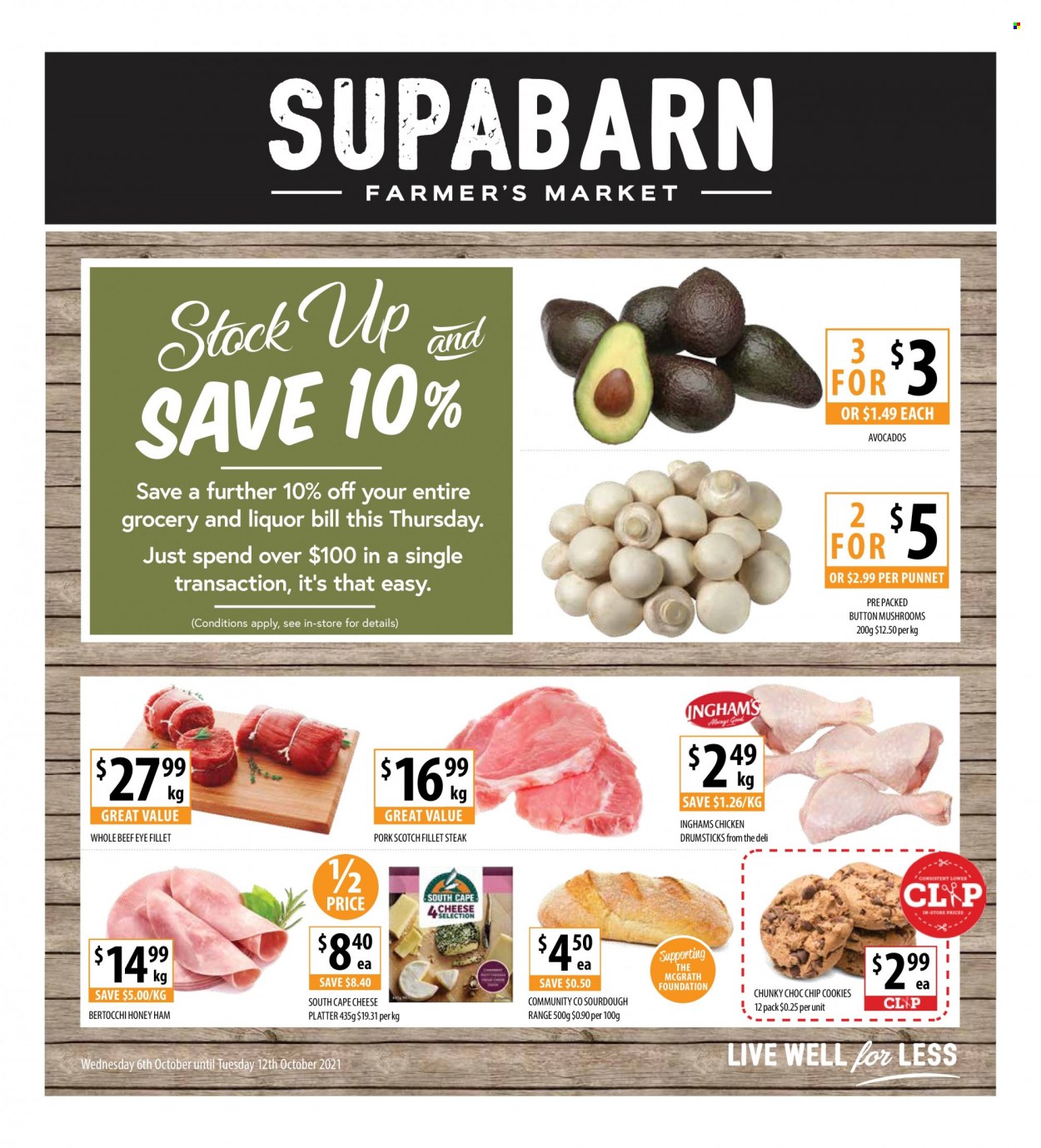 thumbnail - Supabarn Catalogue - 6 Oct 2021 - 12 Oct 2021 - Sales products - mushrooms, avocado, ham, cheese, cookies, liquor, whole chicken, beef meat, steak, beef tenderloin, eye of round. Page 1.