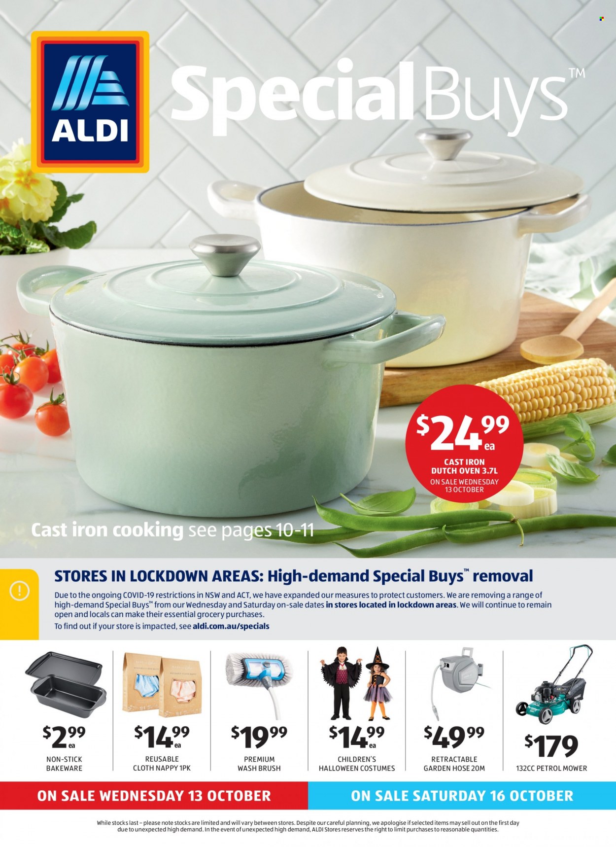 thumbnail - ALDI Catalogue - 13 Oct 2021 - 19 Oct 2021 - Sales products - nappies, brush, bakeware, cast iron dutch oven, Halloween, costume, garden hose. Page 1.