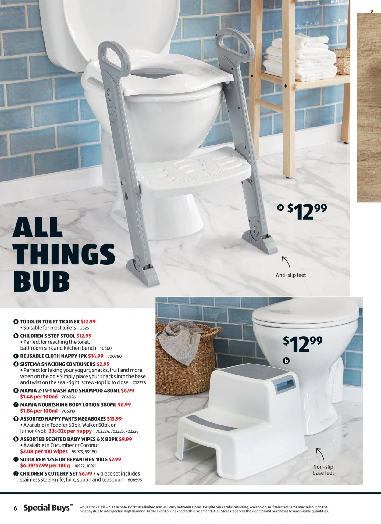 thumbnail - ALDI Catalogue - 13 Oct 2021 - 19 Oct 2021 - Sales products - yoghurt, snack, wipes, pants, baby wipes, nappies, shampoo, body lotion, fork, knife, lid, spoon, cutlery set, teaspoon, bench, Sudocrem. Page 6.