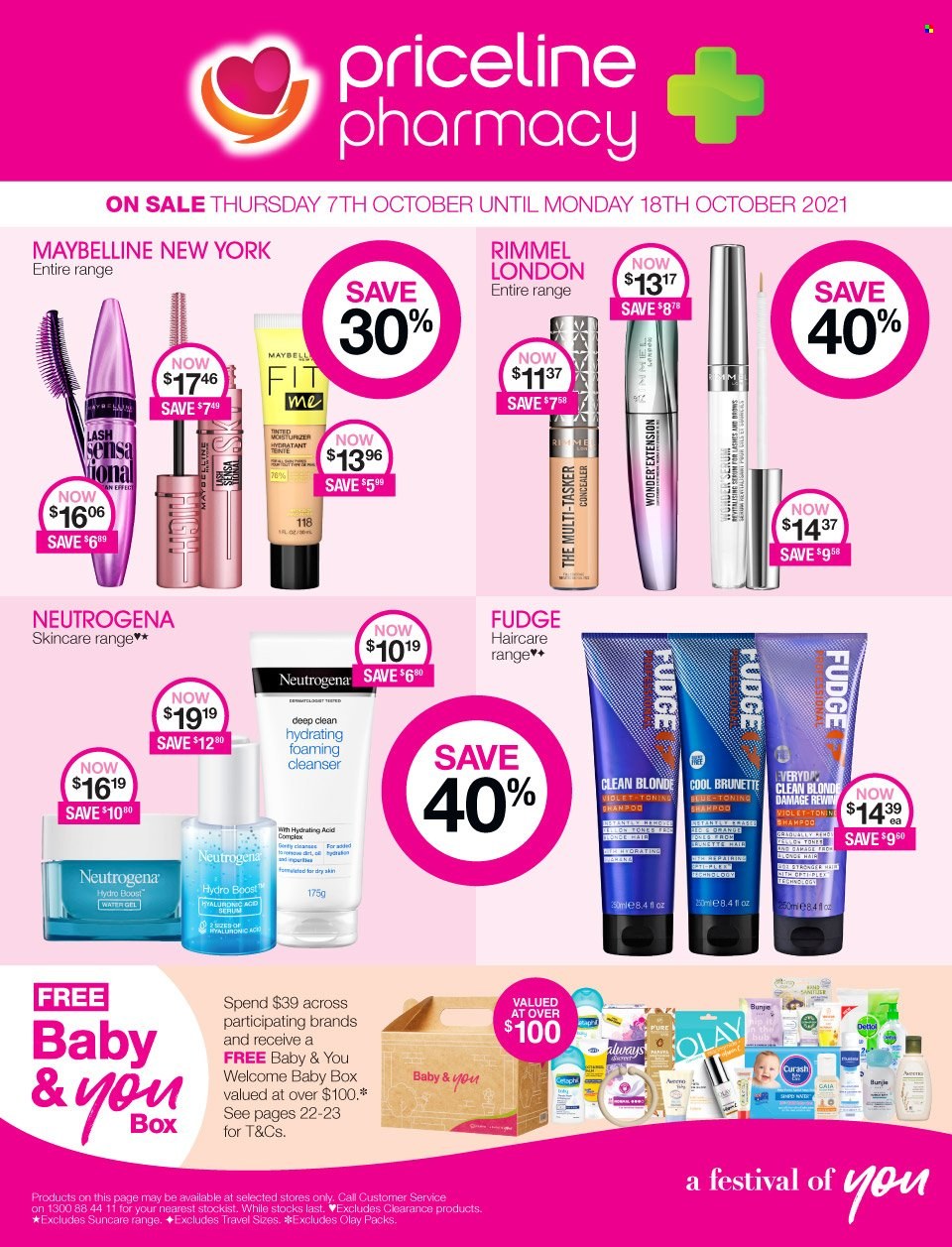 thumbnail - Priceline Pharmacy Catalogue - 7 Oct 2021 - 18 Oct 2021 - Sales products - cleanser, Neutrogena, Olay, fudge, corrector, Rimmel, Maybelline. Page 1.