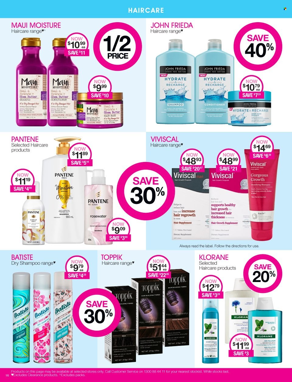 thumbnail - Priceline Pharmacy Catalogue - 7 Oct 2021 - 18 Oct 2021 - Sales products - shampoo, conditioner, Pantene, John Frieda, Klorane, Maui Moisture, Toppik, shea butter, dietary supplement. Page 16.
