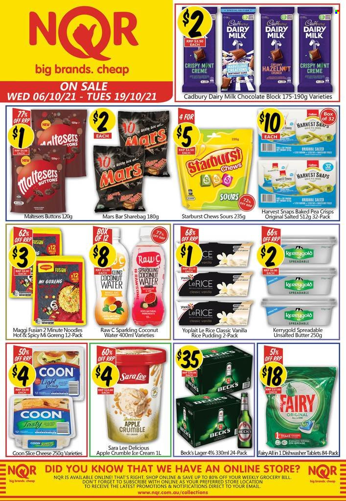 thumbnail - NQR Catalogue - 6 Oct 2021 - 19 Oct 2021 - Sales products - Sara Lee, noodles, sliced cheese, cheese, Yoplait, rice pudding, ice cream, milk chocolate, Mars, chewing gum, Maltesers, Cadbury, Dairy Milk, Starburst, Maggi, Harvest Snaps, coconut water, beer, Beck's, Lager, Fairy, dishwasher cleaner, dishwasher tablets. Page 1.