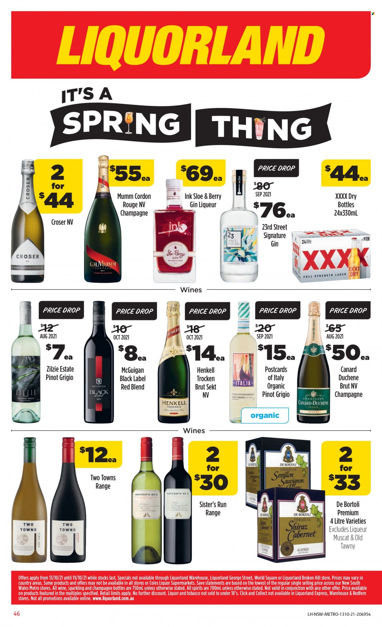 thumbnail - Coles Catalogue - 13 Oct 2020 - 19 Oct 2021 - Sales products - Cabernet Sauvignon, red wine, white wine, wine, Mumm Cordon Rouge, Pinot Grigio, gin, liqueur, liquor, beer, Lager. Page 46.
