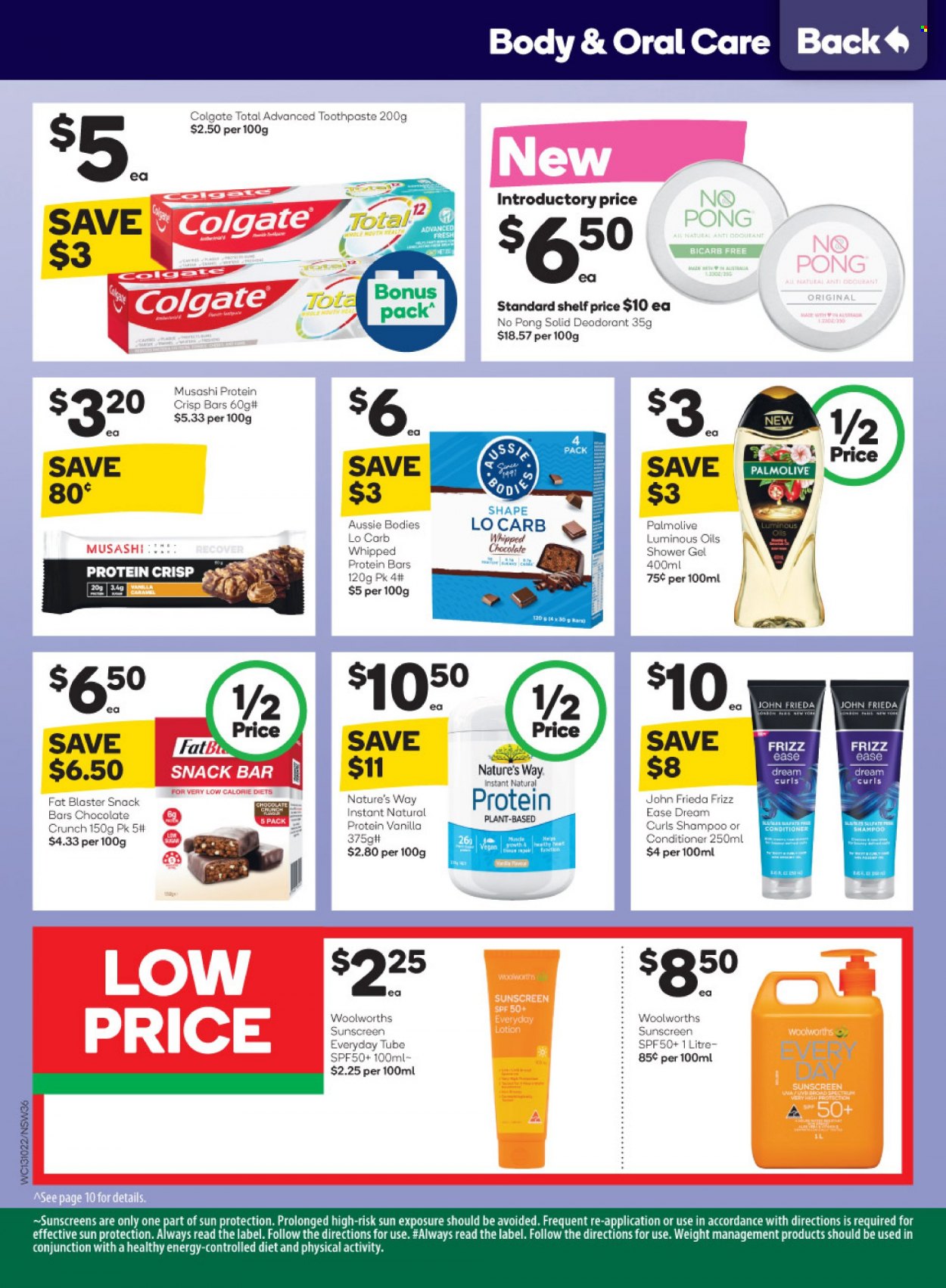 thumbnail - Woolworths Catalogue - 13 Oct 2021 - 19 Oct 2021 - Sales products - ham, chocolate, snack, protein bar, caramel, shampoo, shower gel, Palmolive, Colgate, conditioner, John Frieda, body lotion, anti-perspirant, deodorant, Spectrum. Page 36.