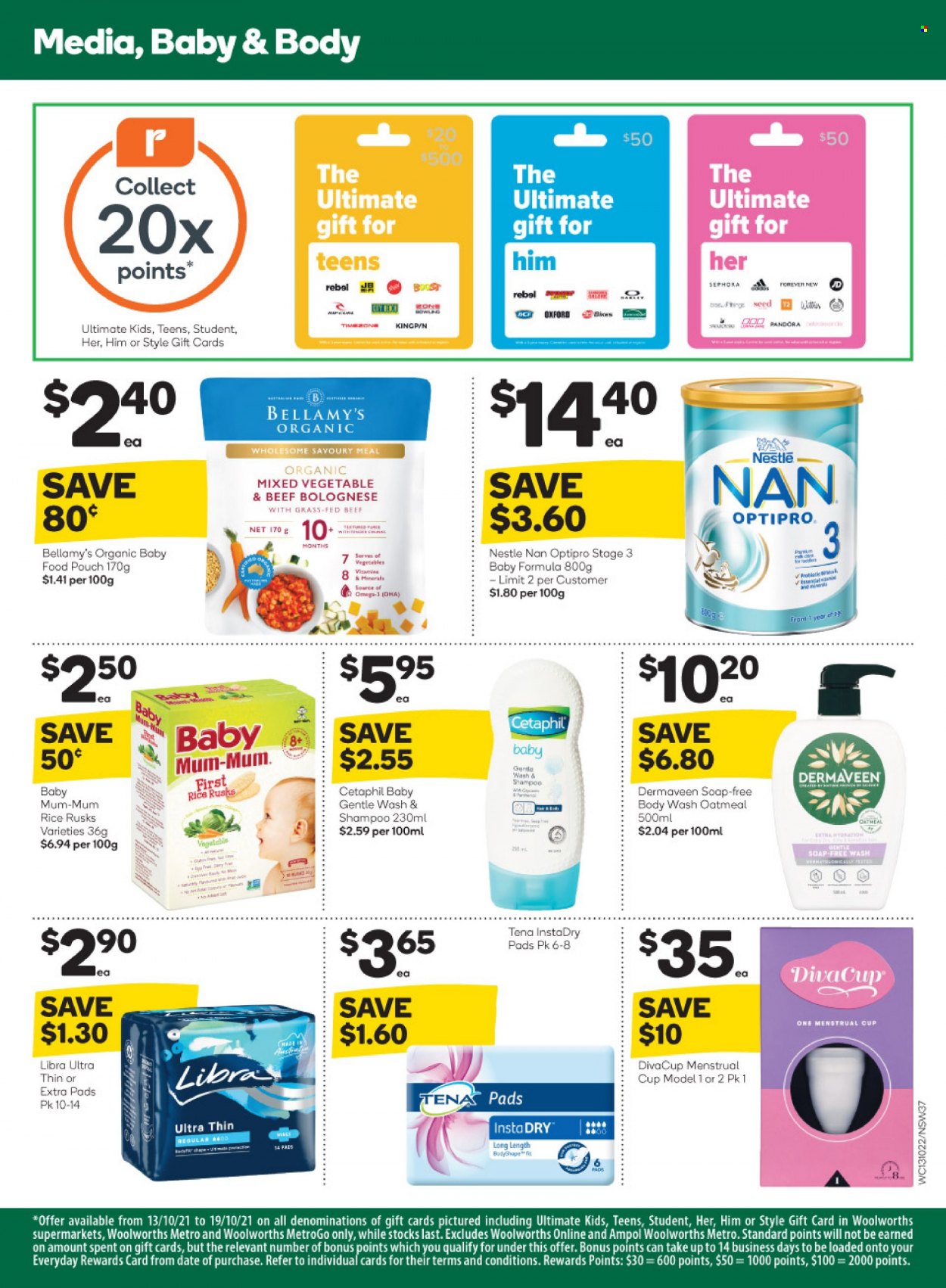 thumbnail - Woolworths Catalogue - 13 Oct 2021 - 19 Oct 2021 - Sales products - rusks, mixed vegetables, Nestlé, oatmeal, Boost, Nestlé NAN, baby food pouch, organic baby food, body wash, shampoo, soap, Tena Lady, Mum, cup, plant seeds. Page 37.