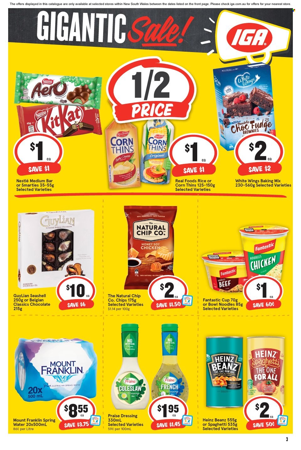 thumbnail - IGA Catalogue - 13 Oct 2021 - 19 Oct 2021 - Sales products - brownies, Corn Thins, White Wings, corn, coleslaw, noodles, fudge, Nestlé, chocolate, Smarties, chips, Thins, Heinz, dressing, honey, spring water, cup, bowl. Page 3.
