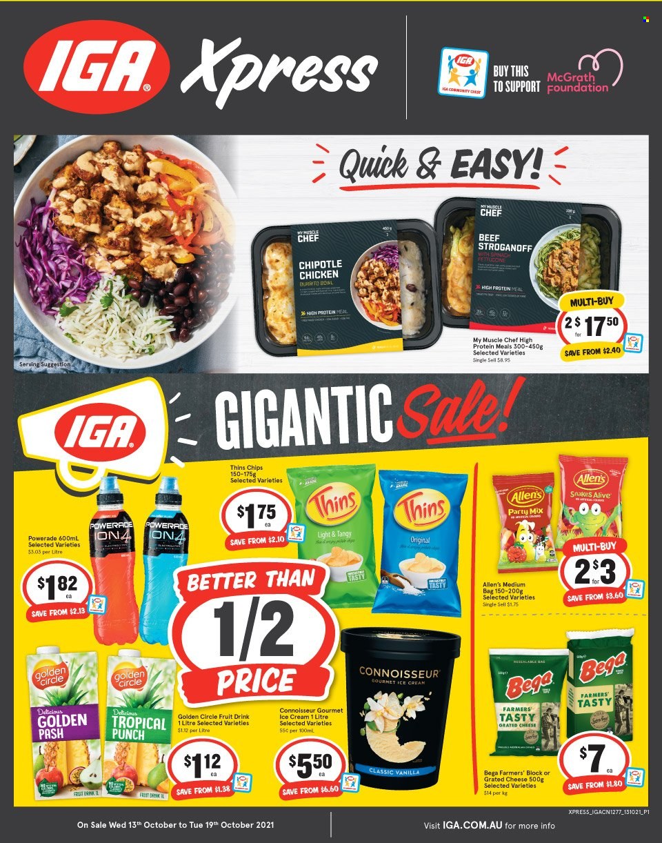 thumbnail - IGA Xpress Catalogue - 13 Oct 2021 - 19 Oct 2021 - Sales products - burrito, cheese, grated cheese, ice cream, chips, Thins, Powerade, fruit drink, punch, bag. Page 1.