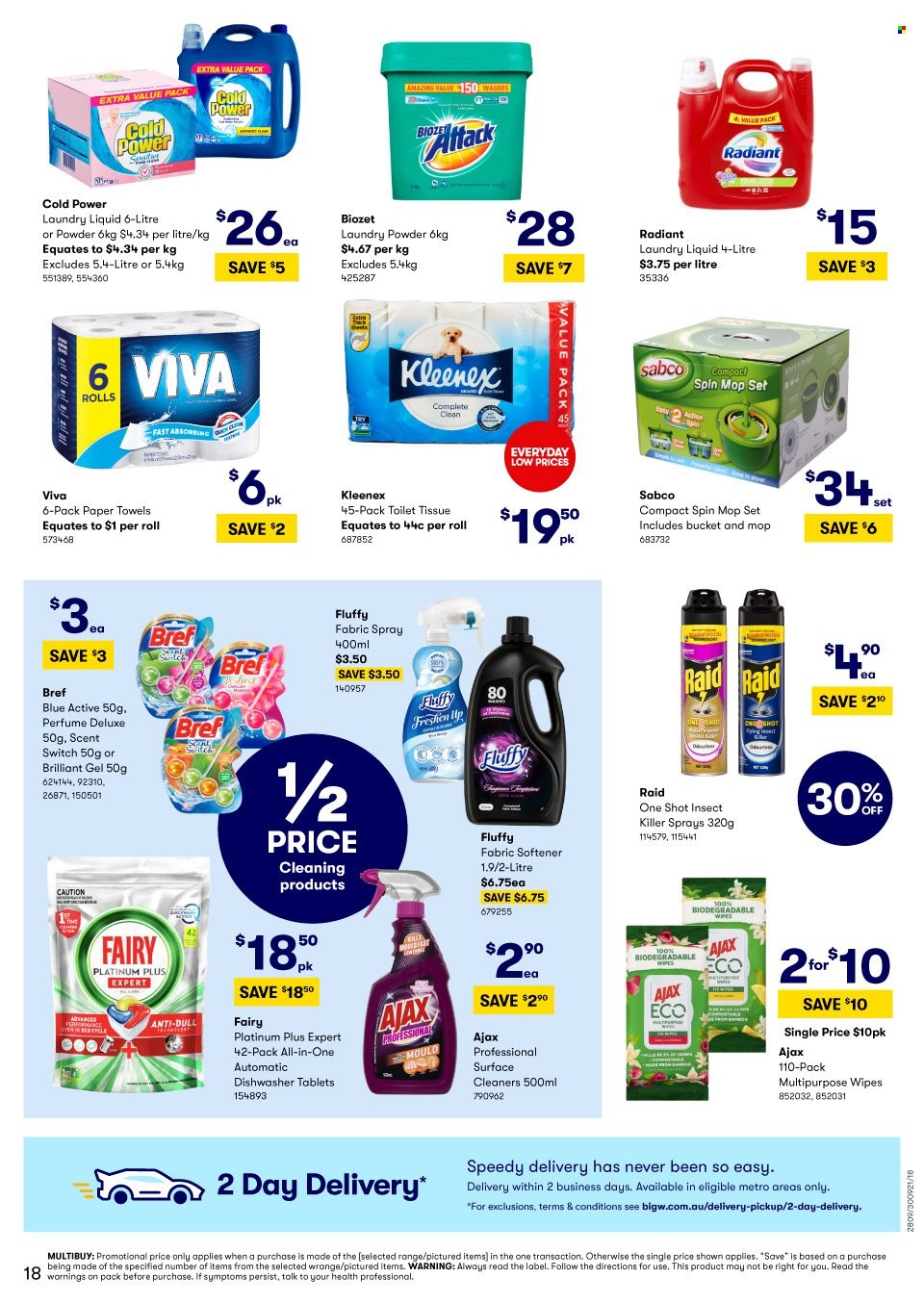 thumbnail - BIG W Catalogue - Sales products - switch, wipes, Kleenex, toilet paper, multipurpose wipes, kitchen towels, paper towels, Ajax Eco, Fairy, Ajax, Sabco, fabric softener, laundry powder, laundry detergent, dishwasher cleaner, dishwasher tablets, eau de parfum, insect killer, Raid, spin mop, mop. Page 19.