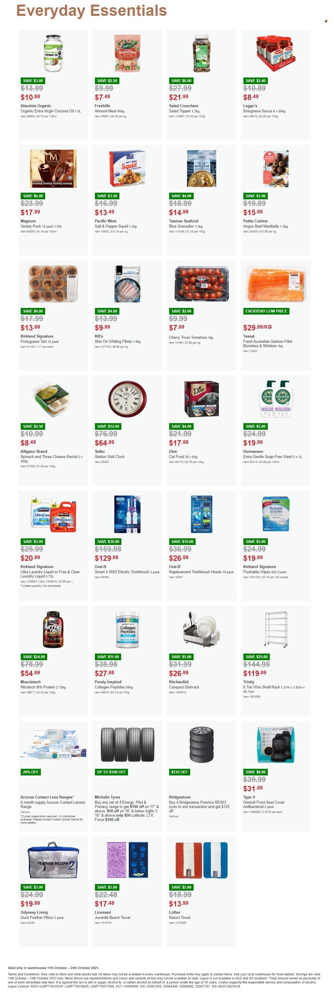 thumbnail - Costco Catalogue - 11 Oct 2021 - 24 Oct 2021 - Sales products - sauce, bolognese sauce, liquor, wipes, laundry detergent, soap, toothbrush, Oral-B, coconut oil, Absolute, clock, KitchenAid, Pilot, topper, pillow, towel, beach towel, animal food, cat food, lens, lenses, electric toothbrush, Seiko, car seat cover, Bridgestone, Michelin, tires, contact lenses. Page 2.