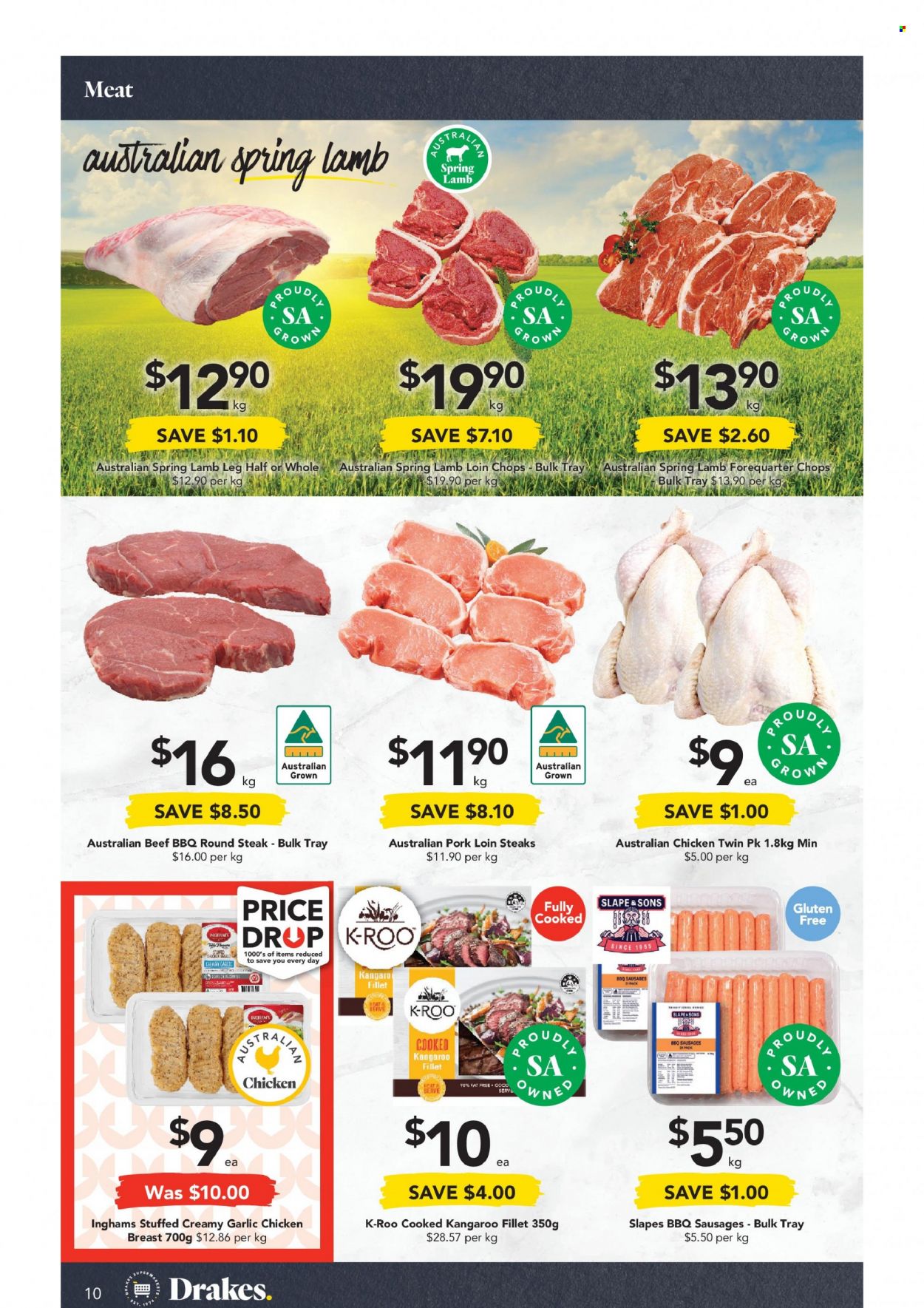 thumbnail - Drakes Catalogue - 13 Oct 2021 - 19 Oct 2021 - Sales products - garlic, sausage, chicken breasts, beef meat, steak, round steak, pork loin, pork meat, lamb loin, lamb meat, lamb leg, tray, Kangaro. Page 10.