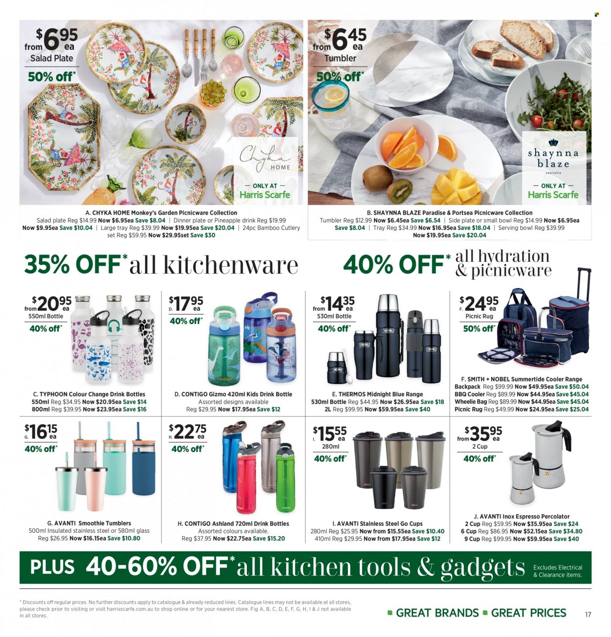 thumbnail - Harris Scarfe Catalogue - Sales products - tray, tumbler, plate, cutlery set, drink bottle, cup, dinner plate, serving bowl, bowl, Smith+Nobel, kitchen tools, Contigo, bag, backpack. Page 17.