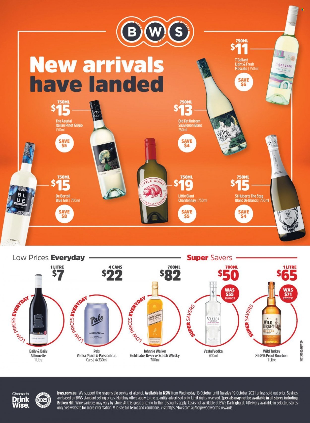 thumbnail - BWS Catalogue - 13 Oct 2021 - 19 Oct 2021 - Sales products - white wine, Chardonnay, wine, Moscato, Pinot Grigio, Sauvignon Blanc, bourbon, vodka, Johnnie Walker, scotch whisky, whisky. Page 1.