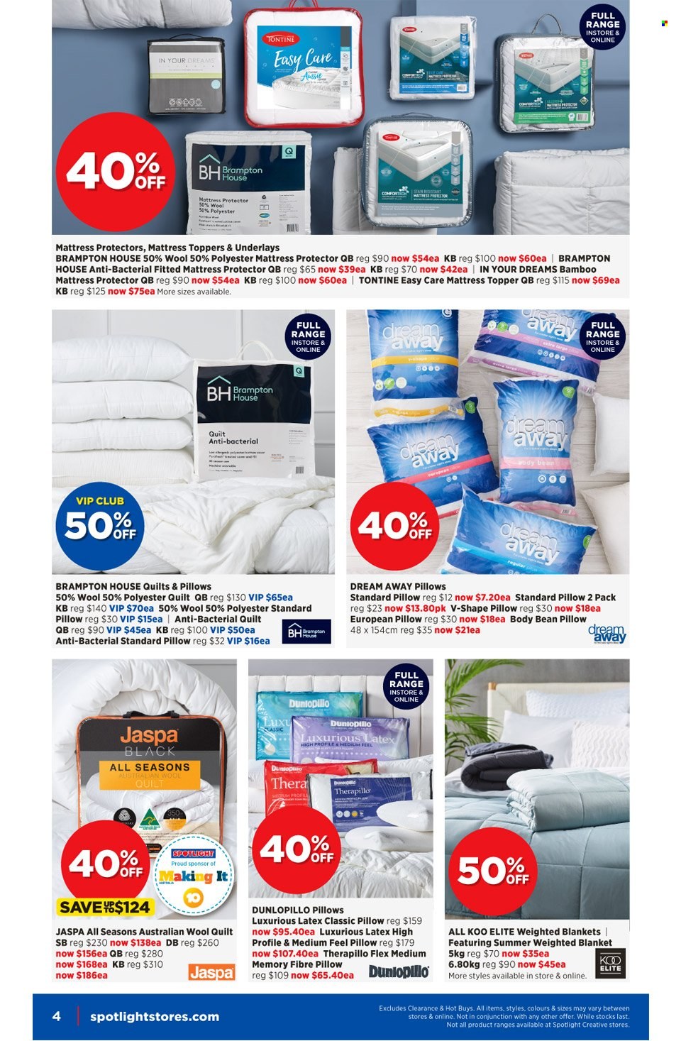thumbnail - Spotlight Catalogue - 13 Oct 2021 - 24 Oct 2021 - Sales products - blanket, topper, pillow, quilt, wool quilt, mattress protector. Page 4.
