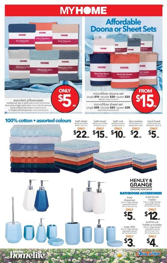 thumbnail - Cheap as Chips Catalogue - 13 Oct 2021 - 19 Oct 2021 - Sales products - toothbrush, holder, soap dish, toilet brush, toothbrush holder, dispenser, toilet brush holder, pillowcase, queen sheet, bath mat, bath towel, towel, hand towel. Page 4.