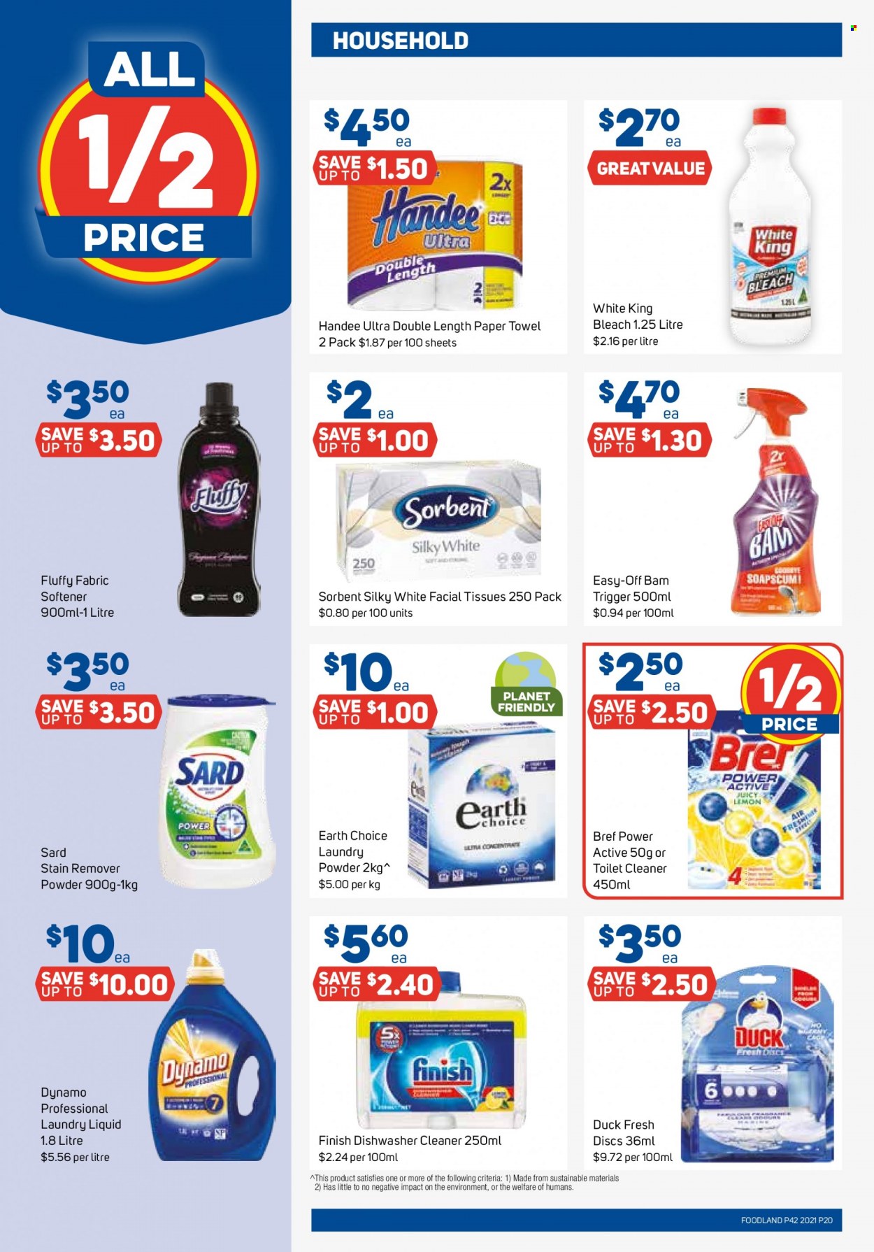 thumbnail - Foodland Catalogue - 13 Oct 2021 - 19 Oct 2021 - Sales products - tissues, Handee, paper towels, cleaner, bleach, toilet cleaner, stain remover, Bref Power, fabric softener, laundry powder, laundry detergent, dishwashing liquid, dishwasher cleaner, facial tissues. Page 20.