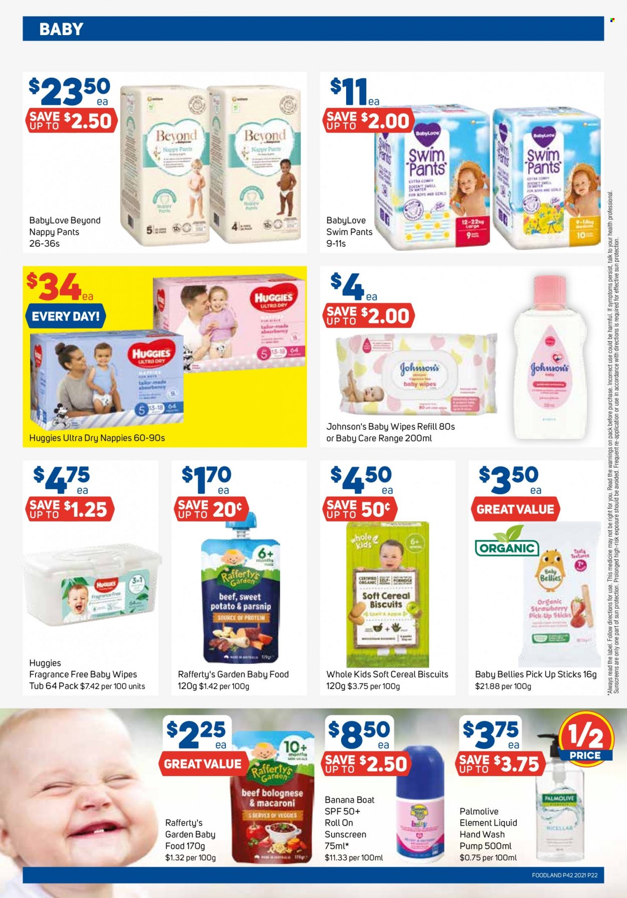 thumbnail - Foodland Catalogue - 13 Oct 2021 - 19 Oct 2021 - Sales products - biscuit, cereals, wipes, Huggies, pants, baby wipes, nappies, Johnson's, BabyLove, hand wash, Palmolive, roll-on. Page 22.
