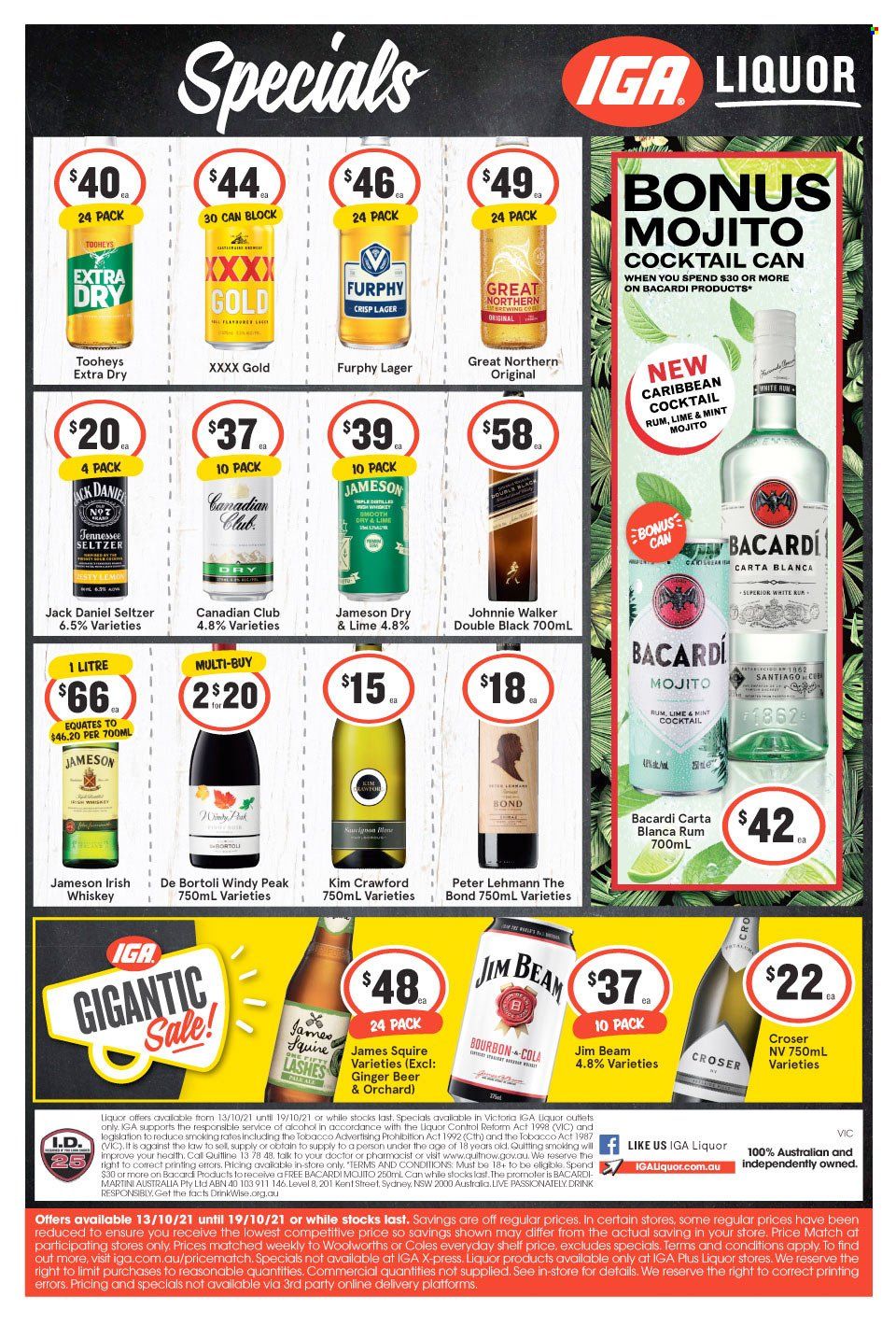 thumbnail - IGA LIQUOR Catalogue - 13 Oct 2021 - 19 Oct 2021 - Sales products - Bacardi, bourbon, rum, whiskey, irish whiskey, Jack Daniel's, Jameson, Johnnie Walker, Martini, Jim Beam, whisky, beer, Lager, ginger beer. Page 1.