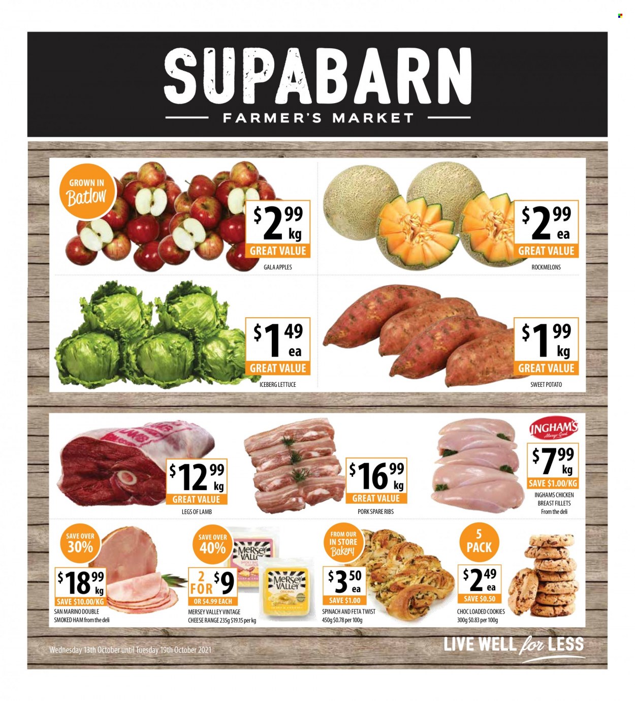 thumbnail - Supabarn Catalogue - 13 Oct 2021 - 19 Oct 2021 - Sales products - spinach, sweet potato, lettuce, rockmelon, Gala, apples, ham, smoked ham, cheese, Mersey Valley, feta, cookies, pork meat, pork ribs, pork spare ribs. Page 1.