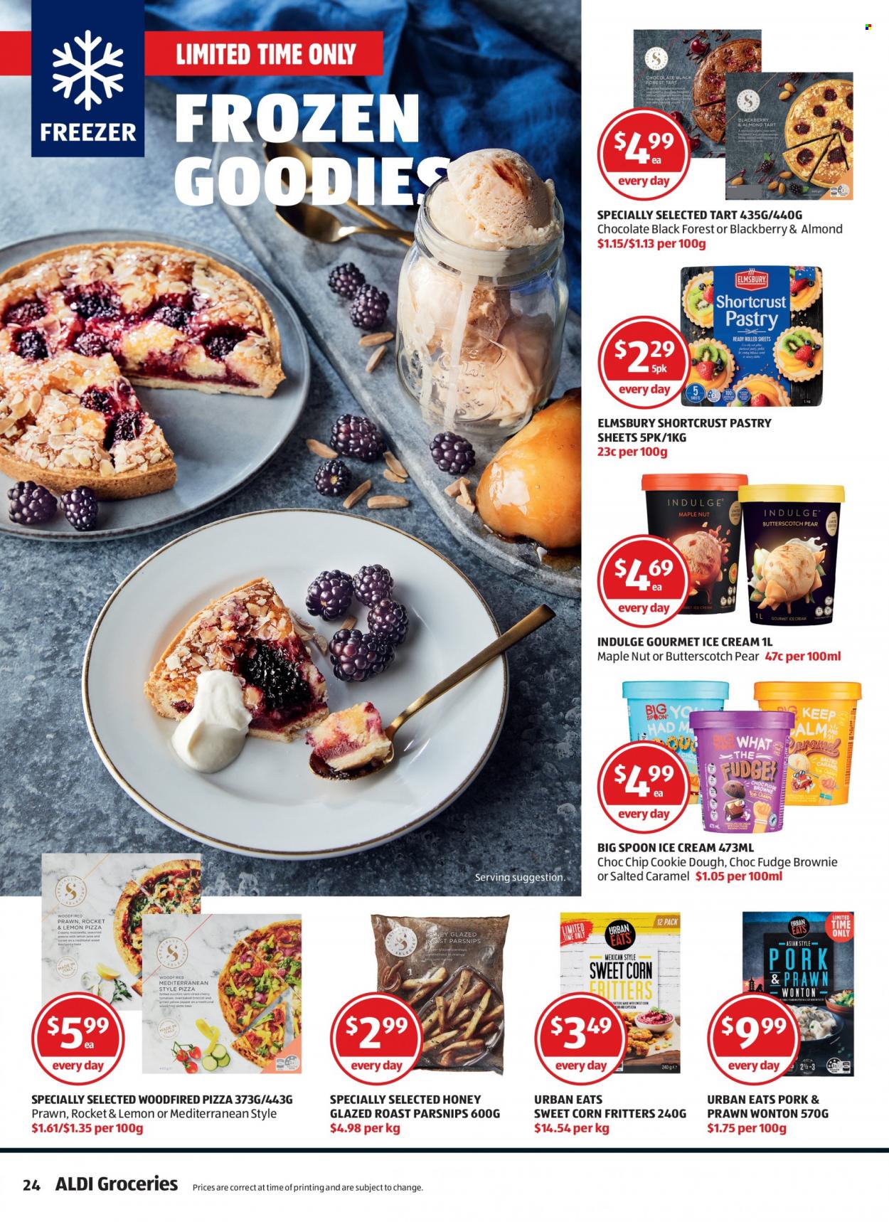 thumbnail - ALDI Catalogue - 20 Oct 2021 - 26 Oct 2021 - Sales products - shortcrust pastry, corn, rocket, parsnips, sweet corn, pears, prawns, pizza, roast, wonton, ice cream, butterscotch, spoon, freezer. Page 24.